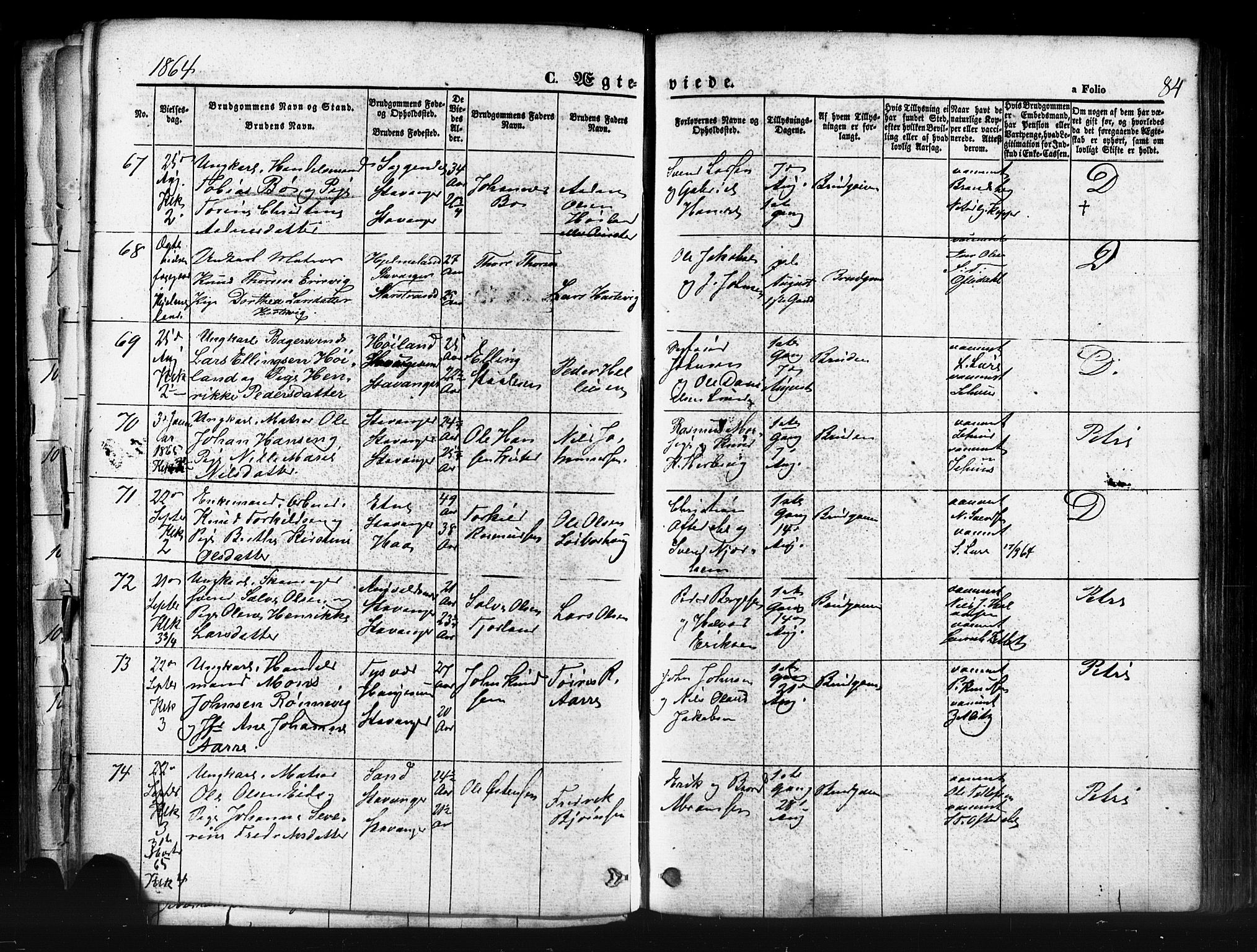 Domkirken sokneprestkontor, SAST/A-101812/001/30/30BB/L0011: Parish register (copy) no. B 11, 1858-1876, p. 84