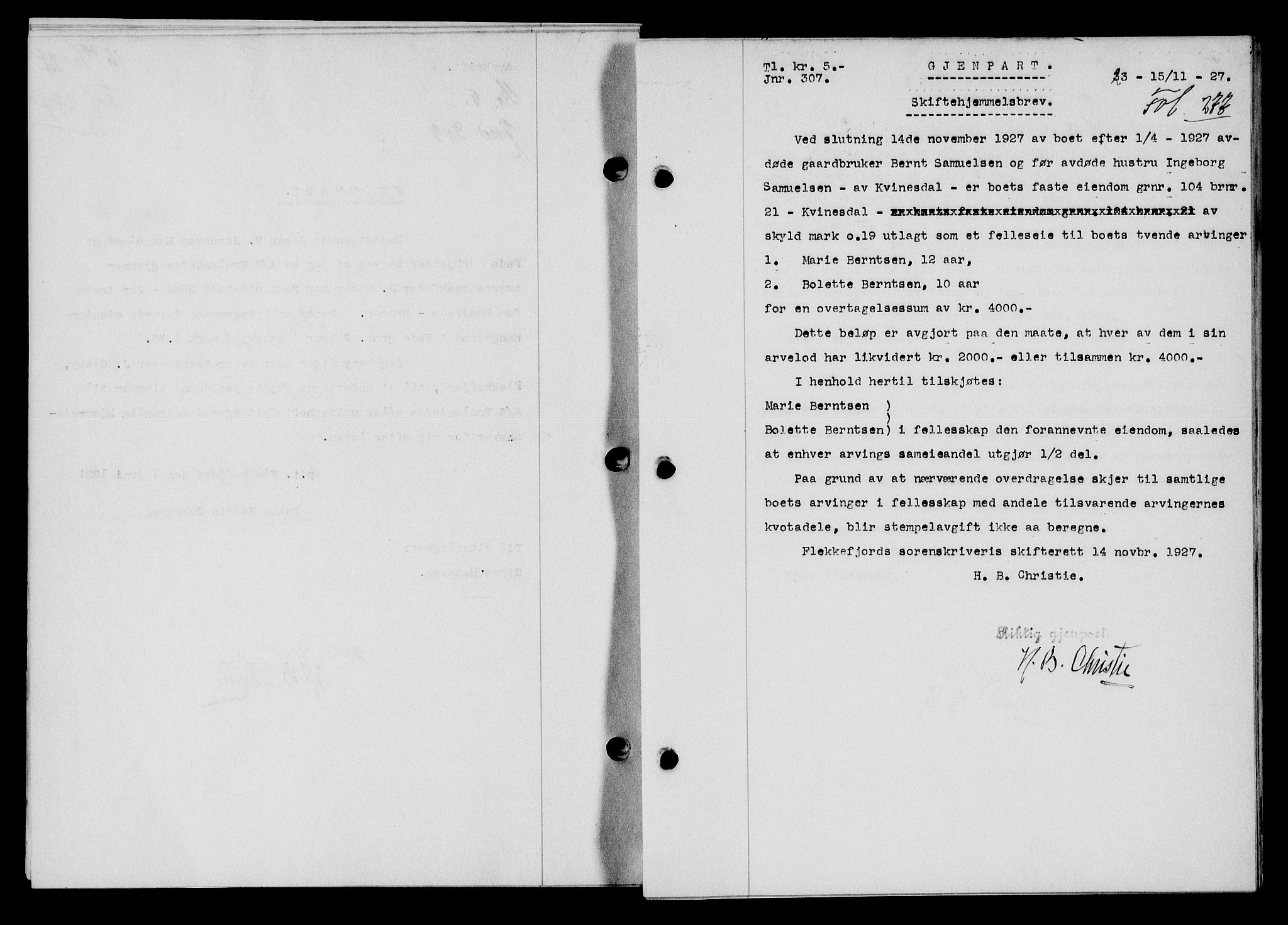 Flekkefjord sorenskriveri, SAK/1221-0001/G/Gb/Gba/L0043: Mortgage book no. 41, 1926-1927, Deed date: 15.11.1927