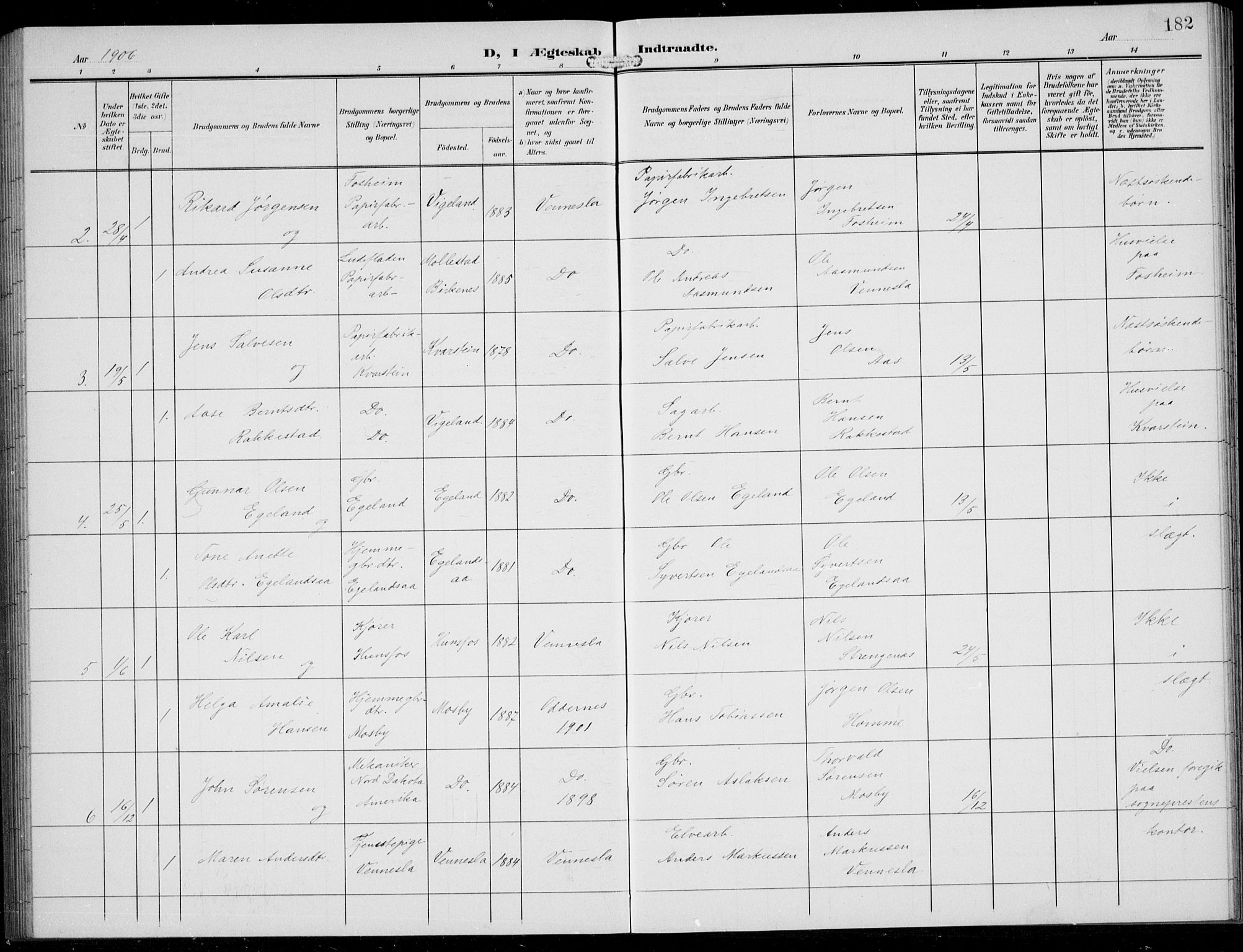 Vennesla sokneprestkontor, AV/SAK-1111-0045/Fb/Fbb/L0005: Parish register (copy) no. B 5, 1903-1913, p. 182