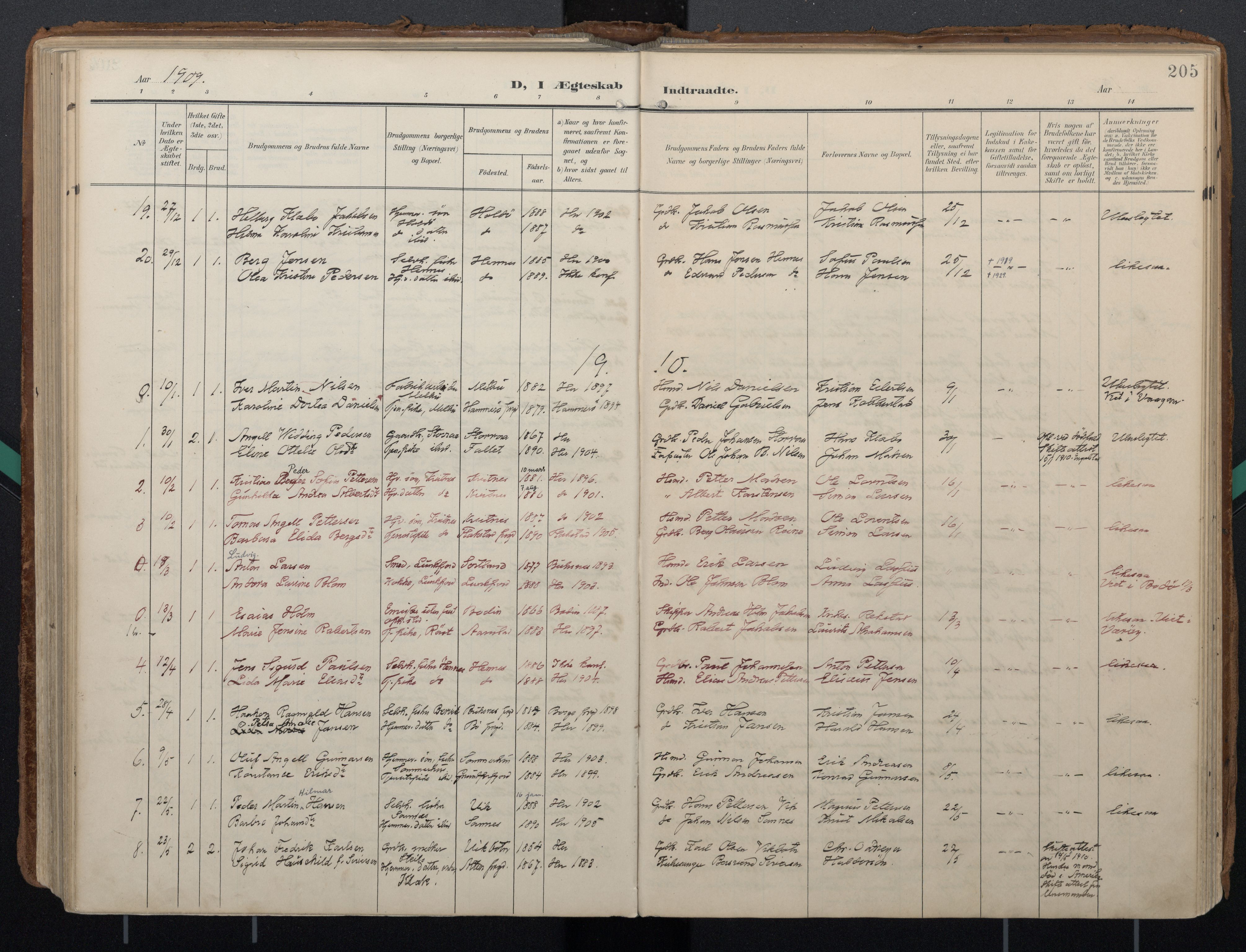 Ministerialprotokoller, klokkerbøker og fødselsregistre - Nordland, AV/SAT-A-1459/888/L1248: Parish register (official) no. 888A14, 1904-1913, p. 205