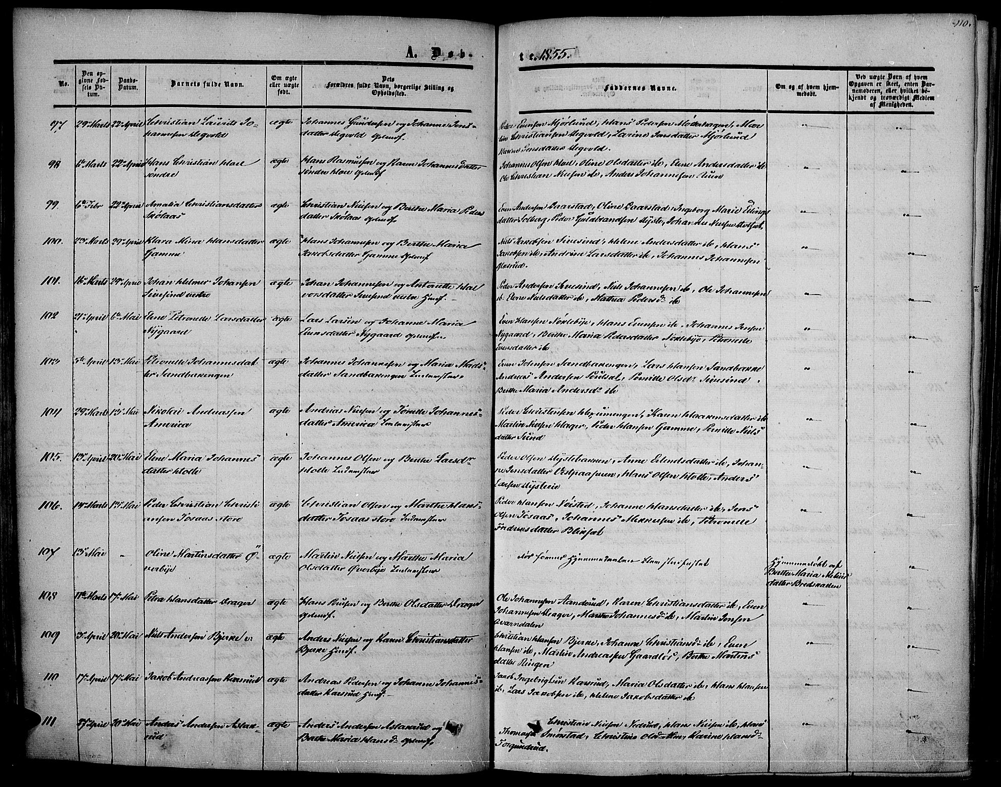 Vestre Toten prestekontor, SAH/PREST-108/H/Ha/Haa/L0005: Parish register (official) no. 5, 1850-1855, p. 110