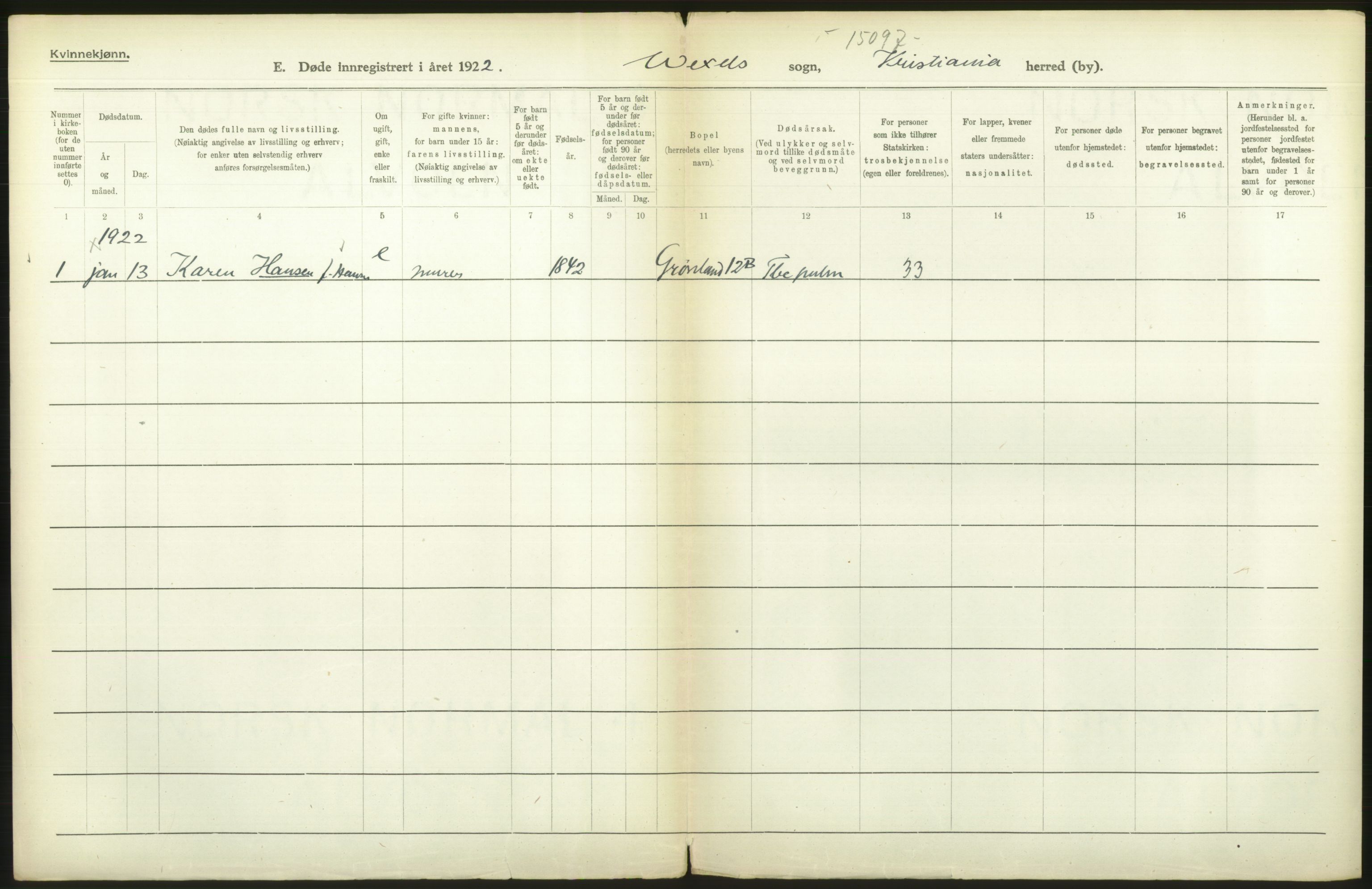 Statistisk sentralbyrå, Sosiodemografiske emner, Befolkning, AV/RA-S-2228/D/Df/Dfc/Dfcb/L0010: Kristiania: Døde, dødfødte, 1922, p. 240