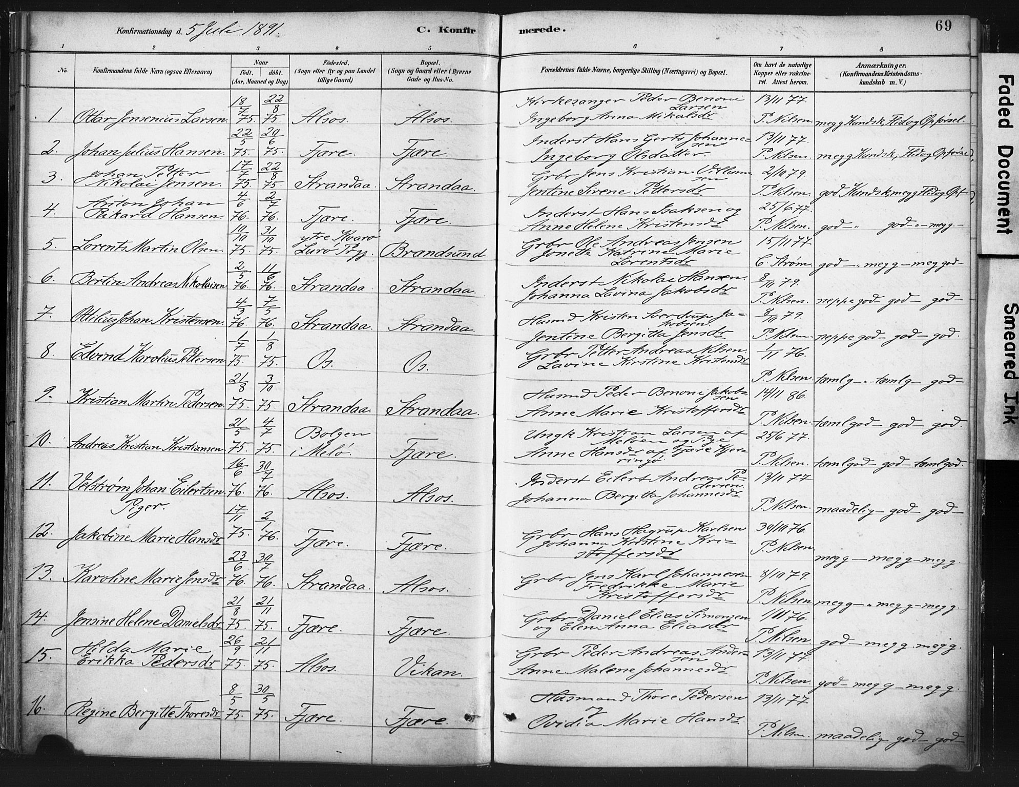 Ministerialprotokoller, klokkerbøker og fødselsregistre - Nordland, SAT/A-1459/803/L0071: Parish register (official) no. 803A01, 1881-1897, p. 69