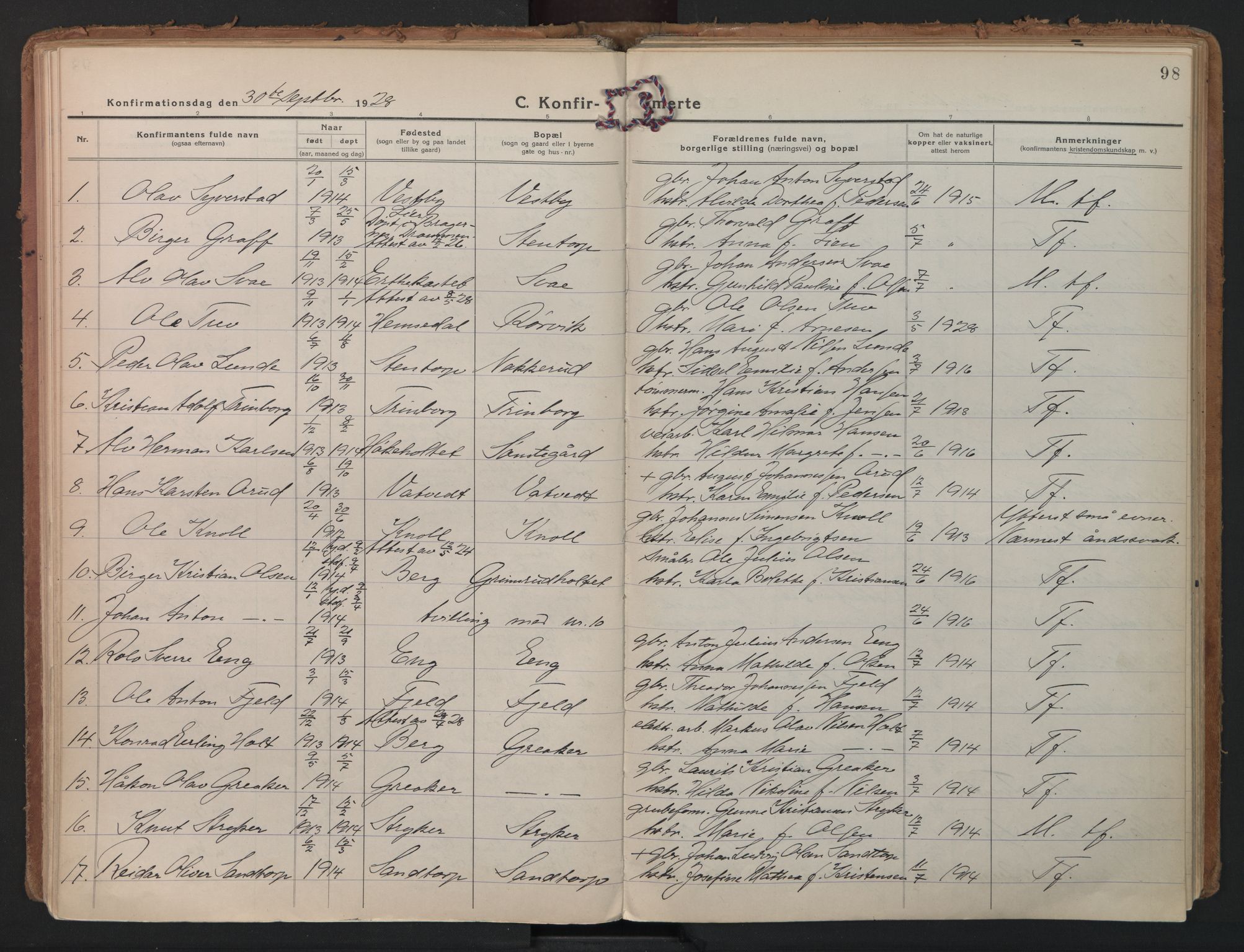 Rakkestad prestekontor Kirkebøker, AV/SAO-A-2008/F/Fb/L0003: Parish register (official) no. II 3, 1920-1940, p. 98