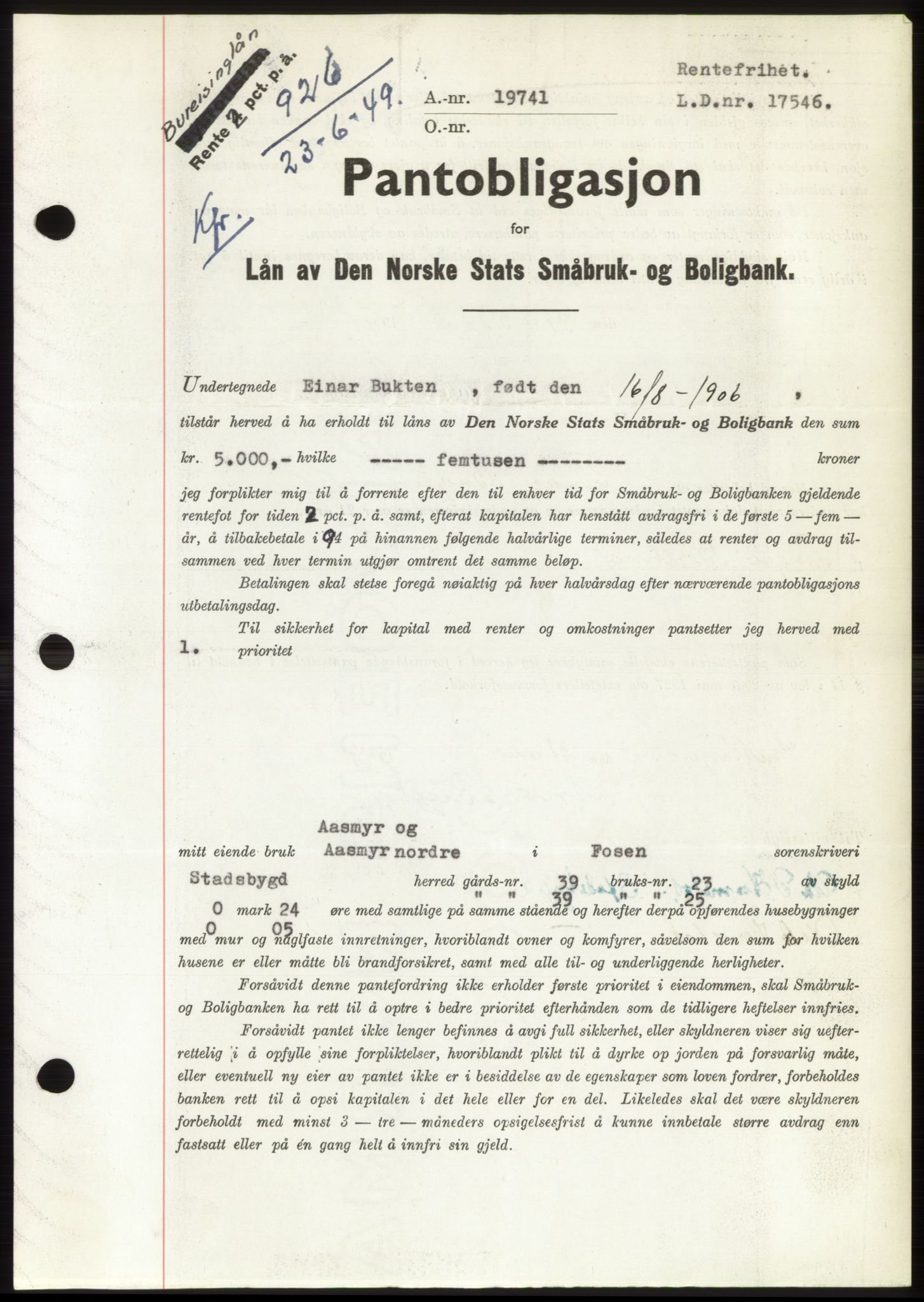 Fosen sorenskriveri, AV/SAT-A-1107/1/2/2C: Mortgage book no. B, 1948-1950, Diary no: : 926/1949