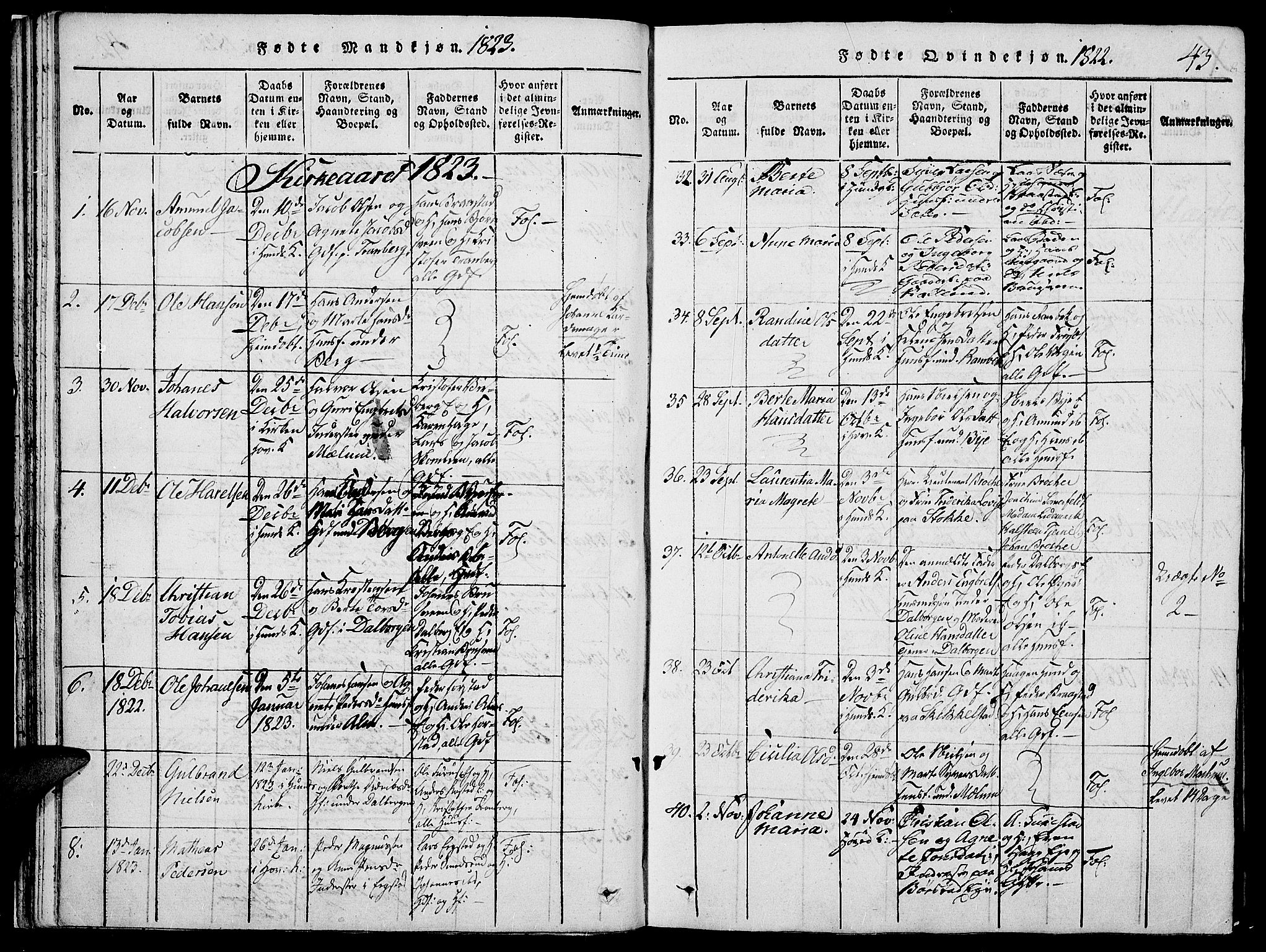 Vardal prestekontor, SAH/PREST-100/H/Ha/Haa/L0004: Parish register (official) no. 4, 1814-1831, p. 43