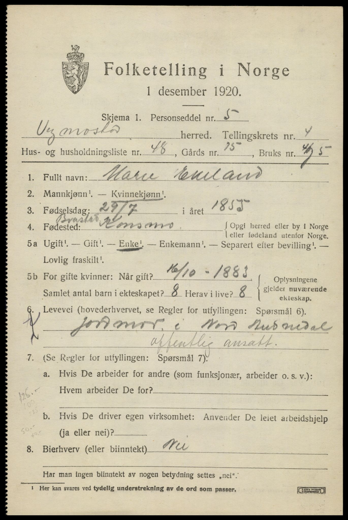 SAK, 1920 census for Vigmostad, 1920, p. 1681