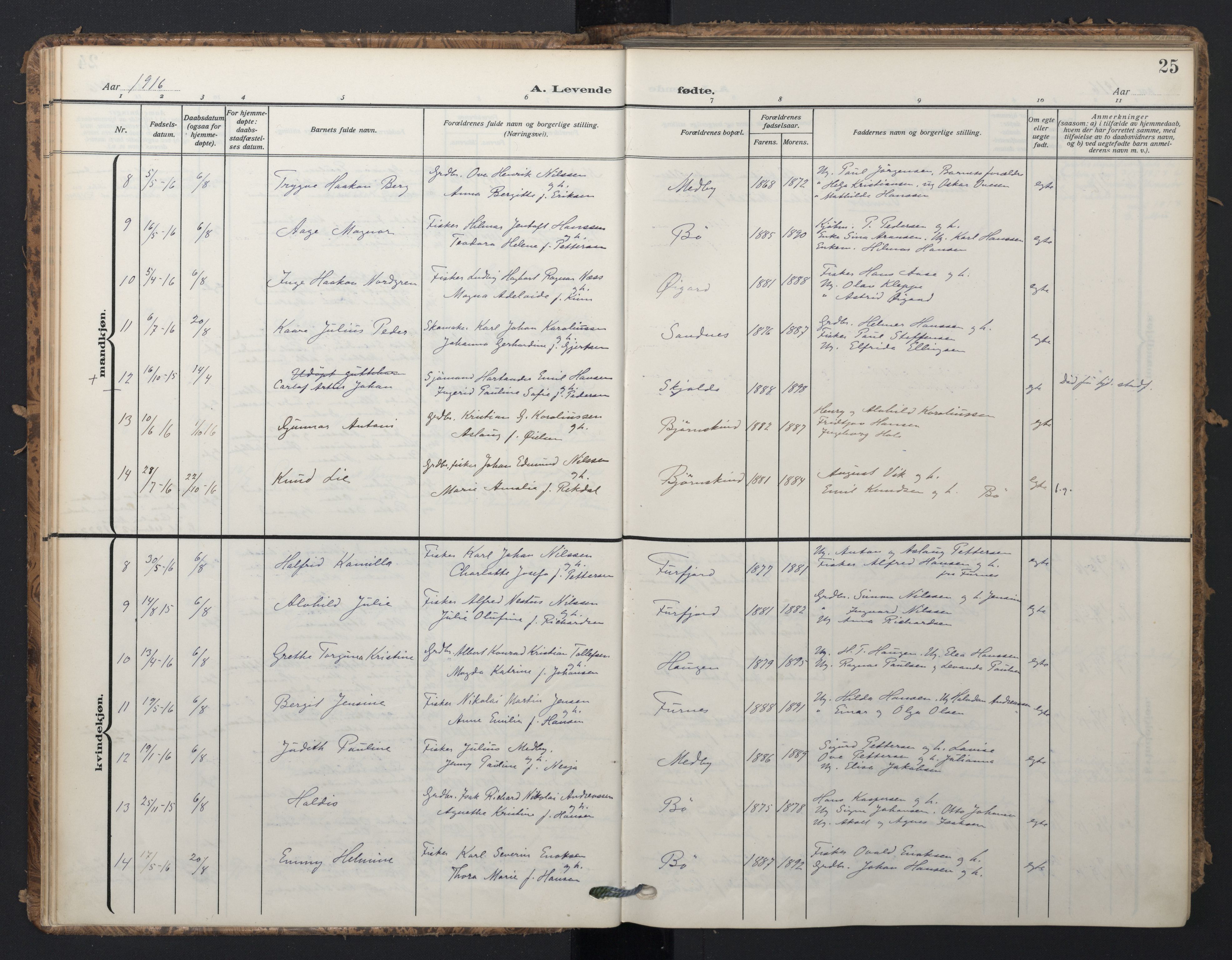 Ministerialprotokoller, klokkerbøker og fødselsregistre - Nordland, AV/SAT-A-1459/898/L1423: Parish register (official) no. 898A03, 1909-1928, p. 25