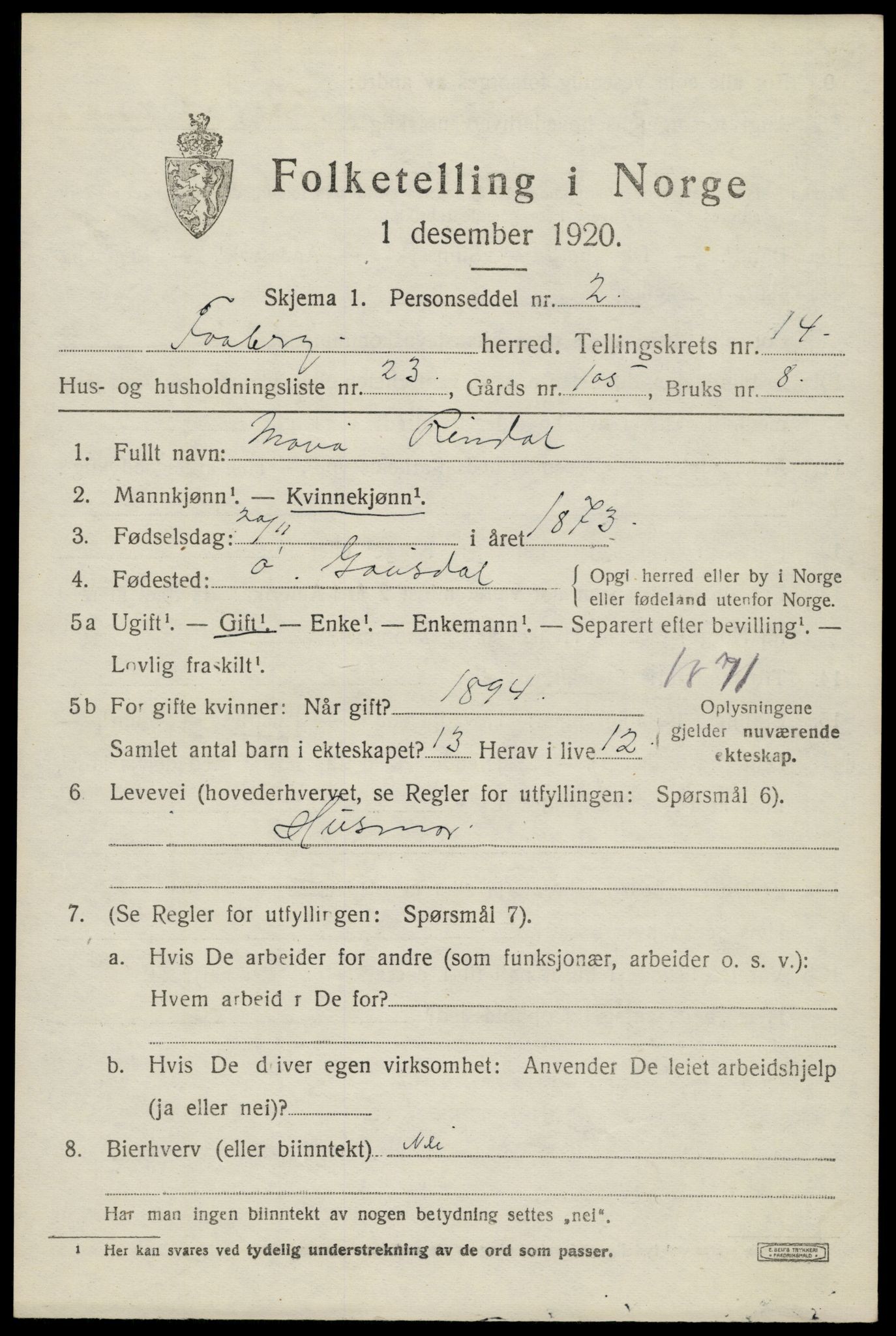 SAH, 1920 census for Fåberg, 1920, p. 15022