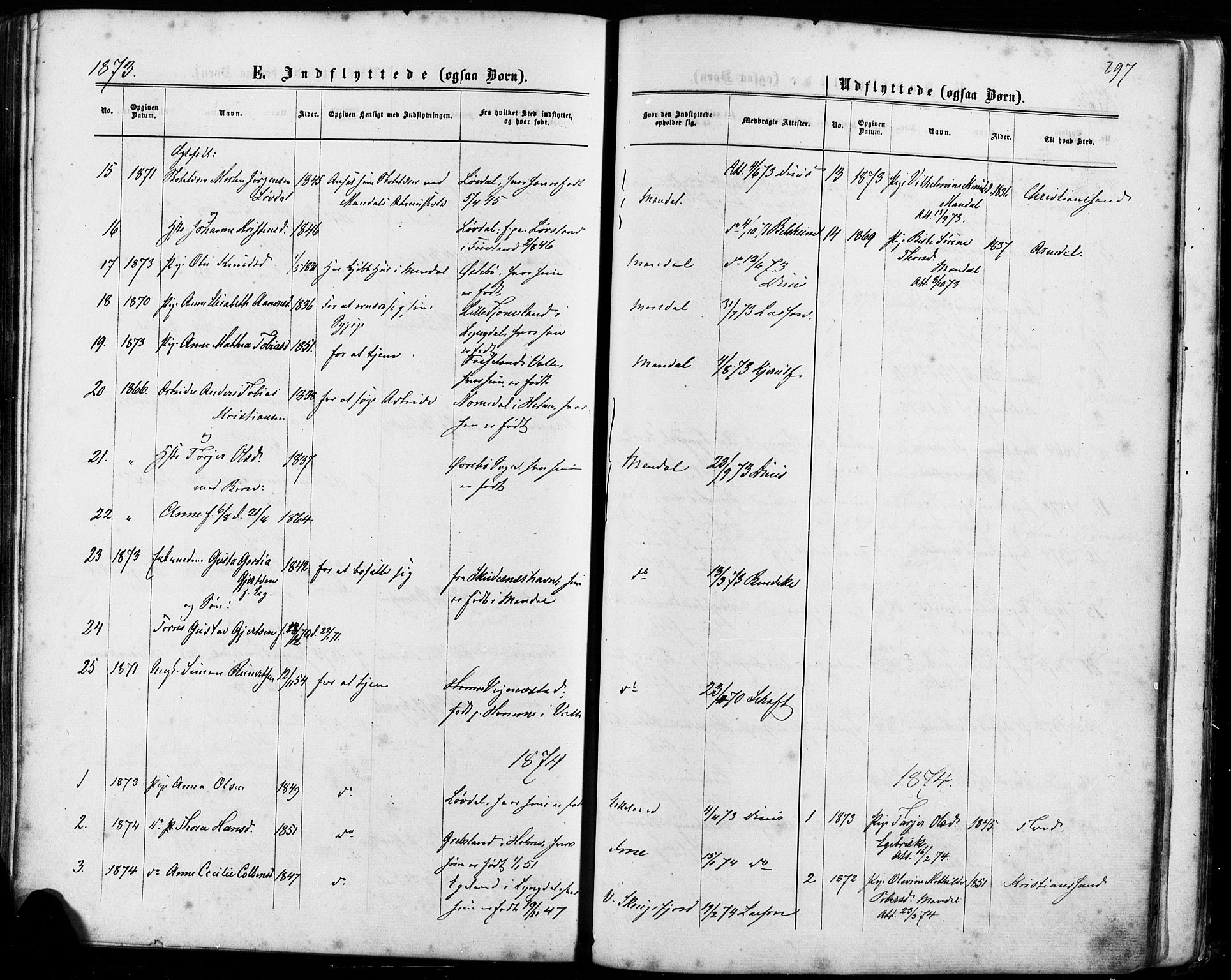 Mandal sokneprestkontor, SAK/1111-0030/F/Fa/Faa/L0015: Parish register (official) no. A 15, 1873-1879, p. 297