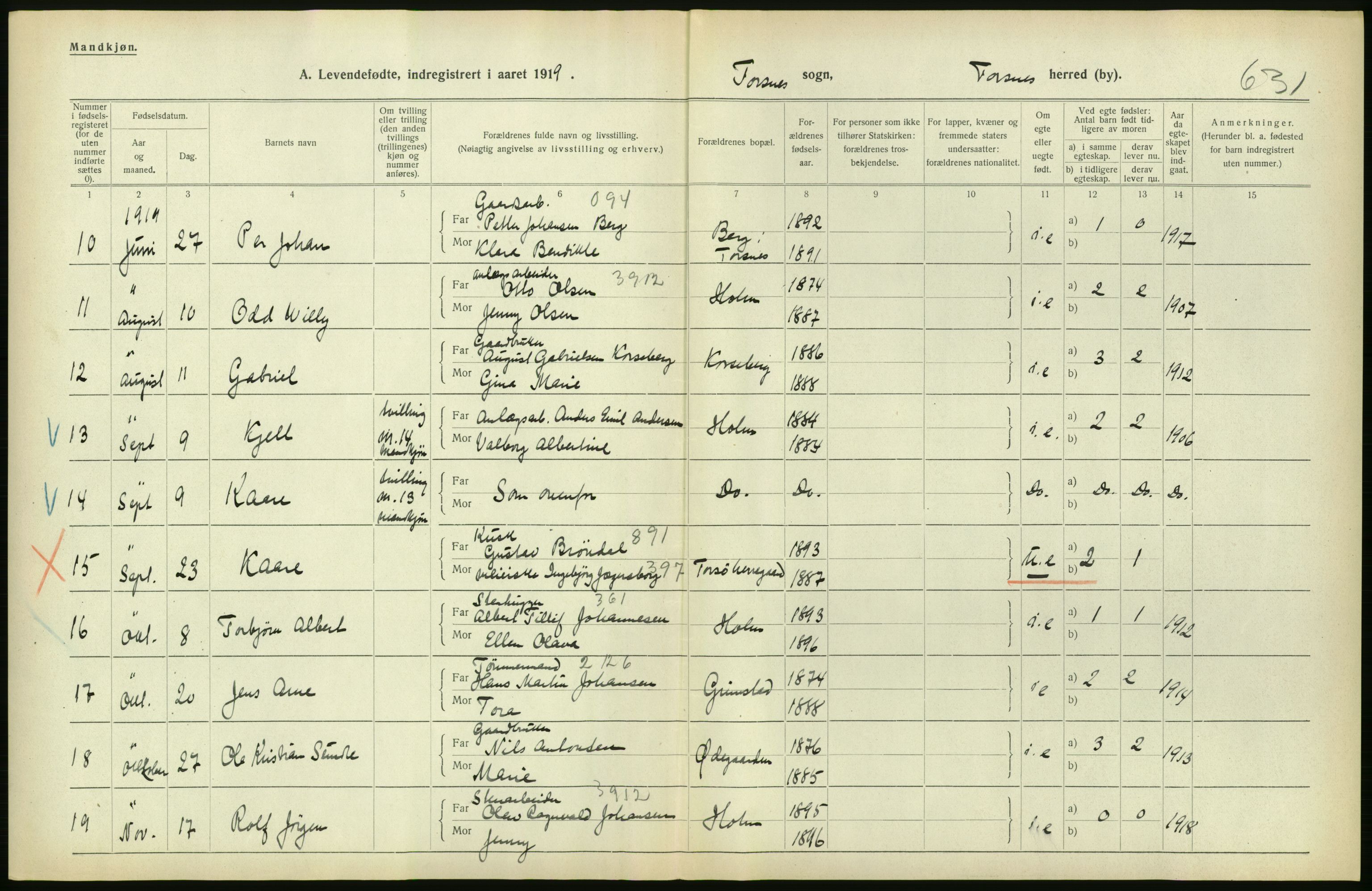 Statistisk sentralbyrå, Sosiodemografiske emner, Befolkning, RA/S-2228/D/Df/Dfb/Dfbi/L0001: Østfold fylke: Levendefødte menn og kvinner. Bygder., 1919, p. 452