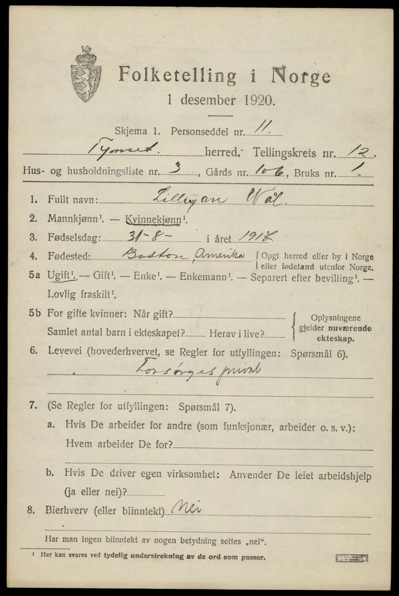 SAH, 1920 census for Tynset, 1920, p. 8356