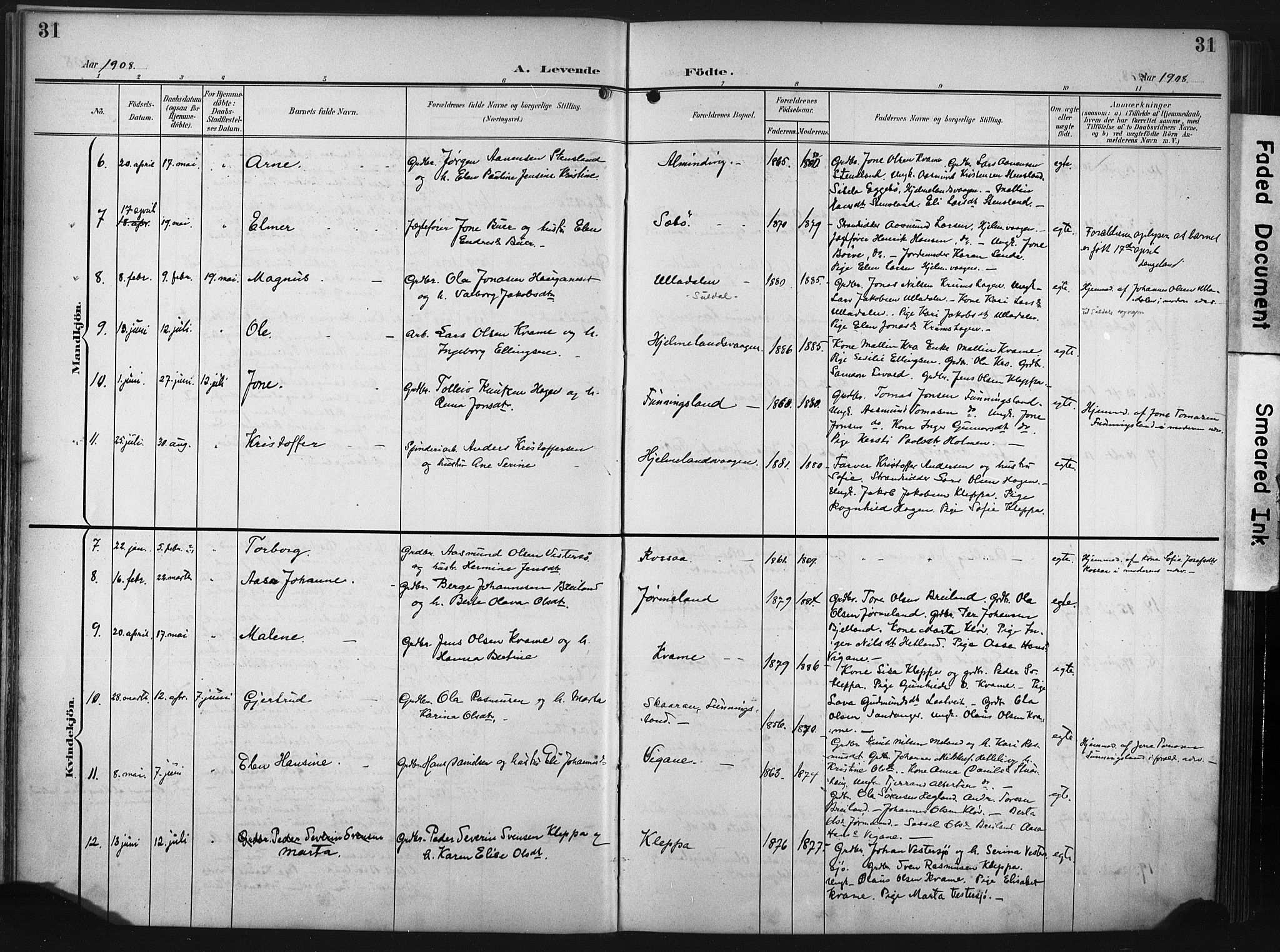 Hjelmeland sokneprestkontor, AV/SAST-A-101843/02/A/L0002: Parish register (official) no. A 17, 1901-1916, p. 31