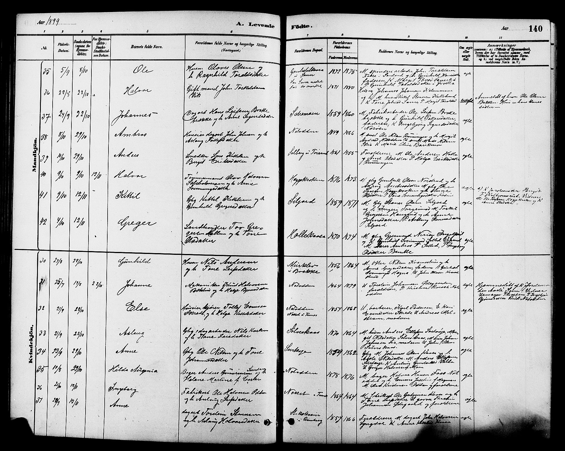 Heddal kirkebøker, SAKO/A-268/G/Ga/L0002: Parish register (copy) no. I 2, 1879-1908, p. 140