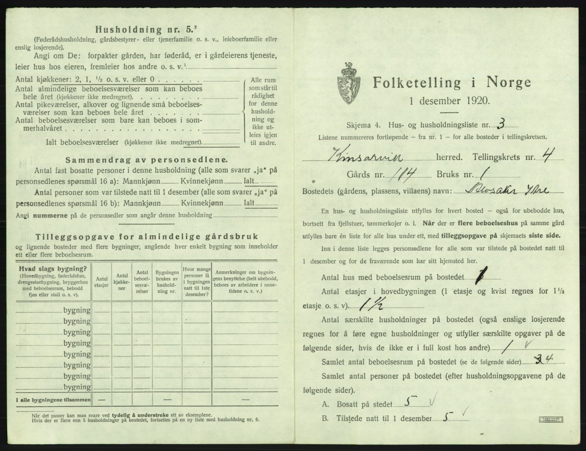 SAB, 1920 census for Kinsarvik, 1920, p. 316