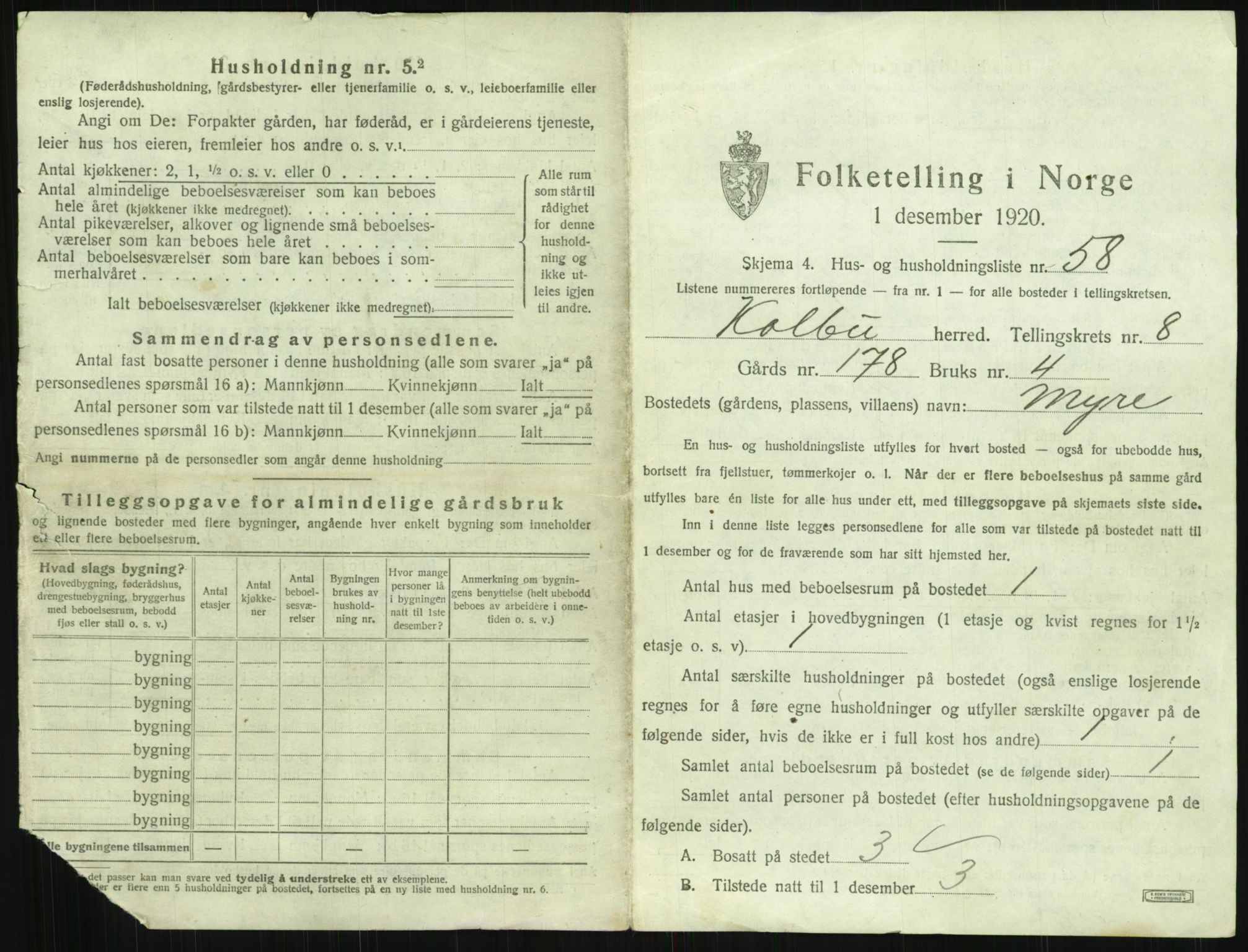 SAH, 1920 census for Kolbu, 1920, p. 1030