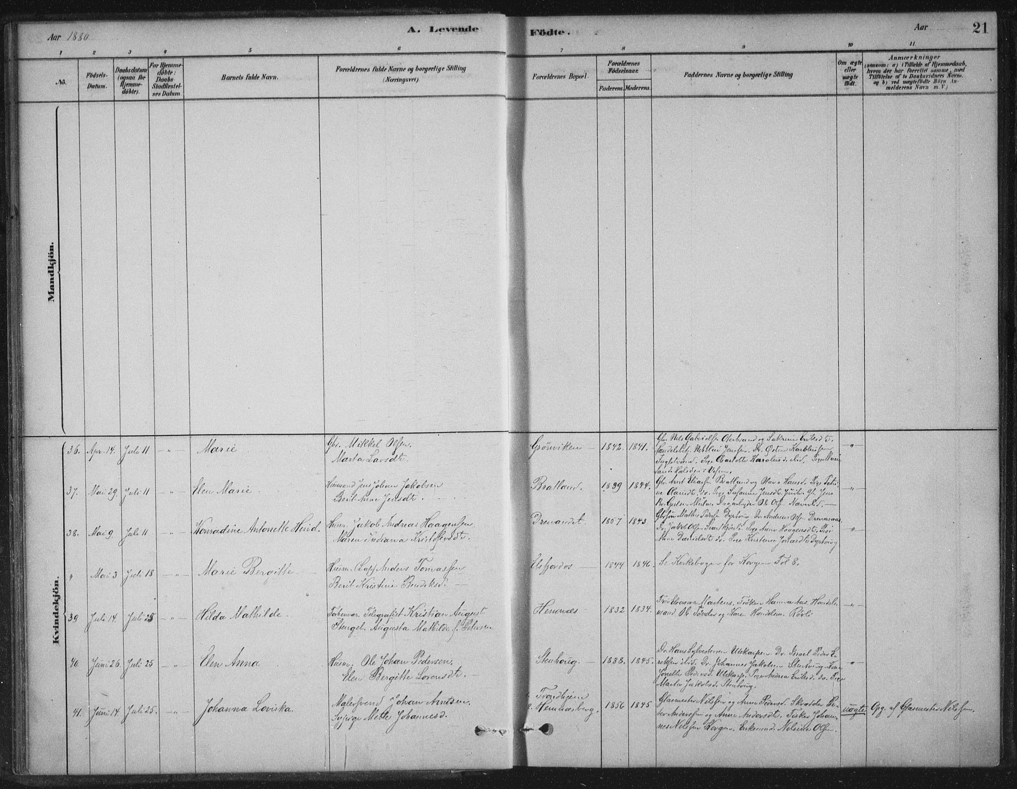 Ministerialprotokoller, klokkerbøker og fødselsregistre - Nordland, SAT/A-1459/825/L0361: Parish register (official) no. 825A15, 1878-1893, p. 21