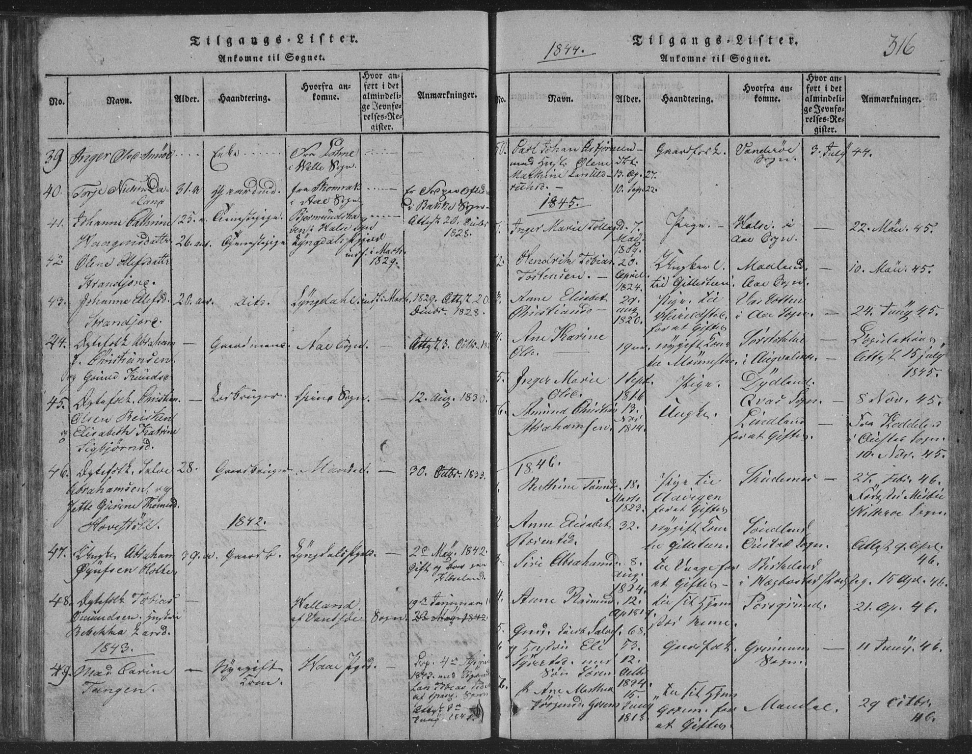 Sør-Audnedal sokneprestkontor, SAK/1111-0039/F/Fb/Fba/L0001: Parish register (copy) no. B 1, 1815-1850, p. 316