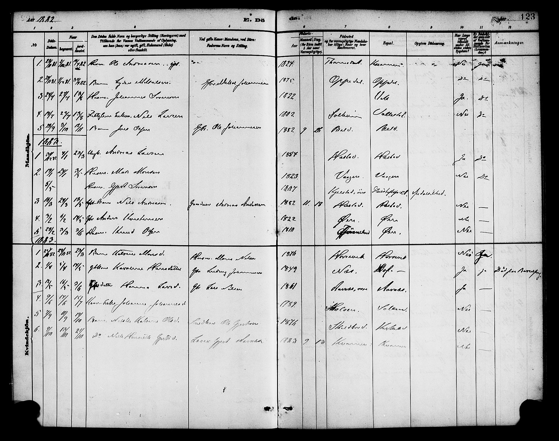 Gaular sokneprestembete, AV/SAB-A-80001/H/Haa: Parish register (official) no. D 1, 1882-1899, p. 123