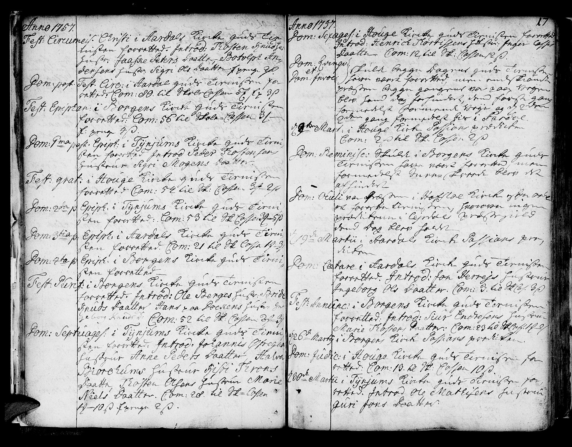 Lærdal sokneprestembete, SAB/A-81201: Parish register (official) no. A 2, 1752-1782, p. 17