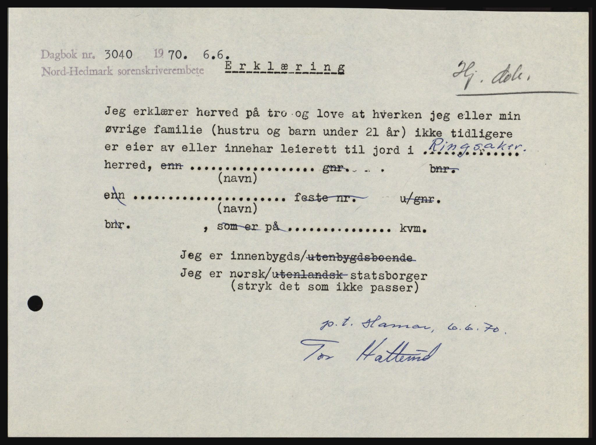 Nord-Hedmark sorenskriveri, SAH/TING-012/H/Hc/L0033: Mortgage book no. 33, 1970-1970, Diary no: : 3040/1970