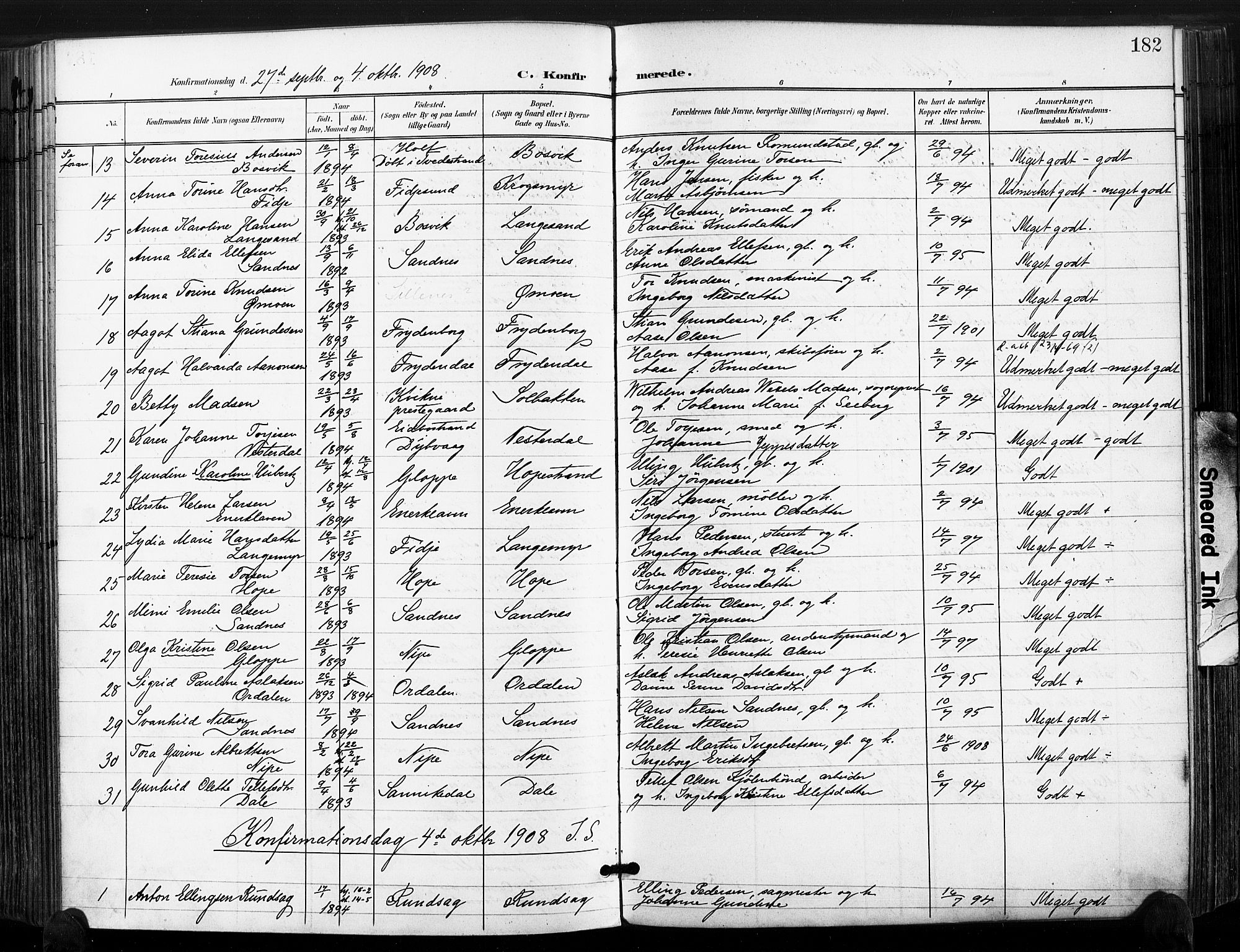 Søndeled sokneprestkontor, SAK/1111-0038/F/Fa/L0006: Parish register (official) no. A 6, 1900-1922, p. 182