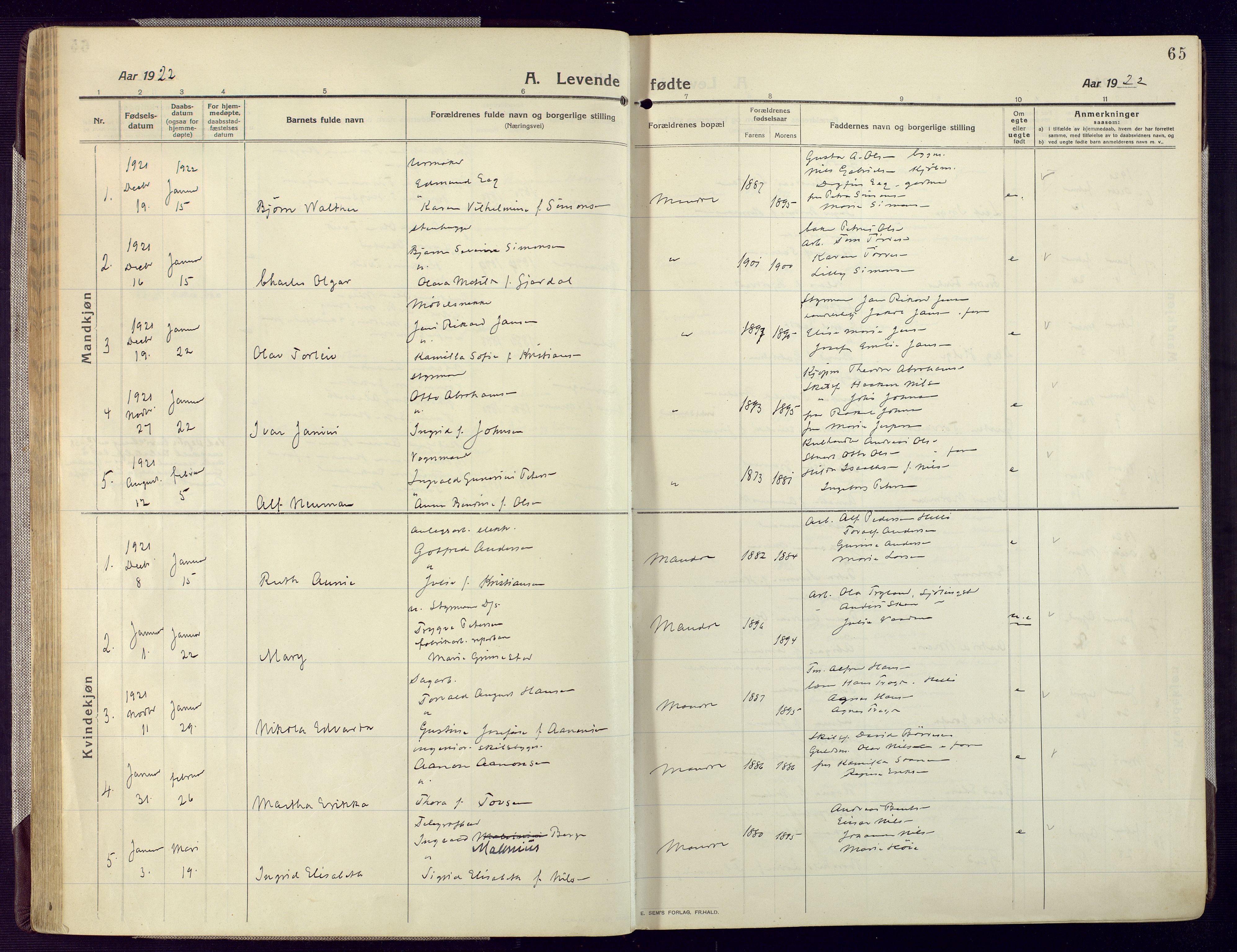 Mandal sokneprestkontor, SAK/1111-0030/F/Fa/Fac/L0001: Parish register (official) no. A 1, 1913-1925, p. 65