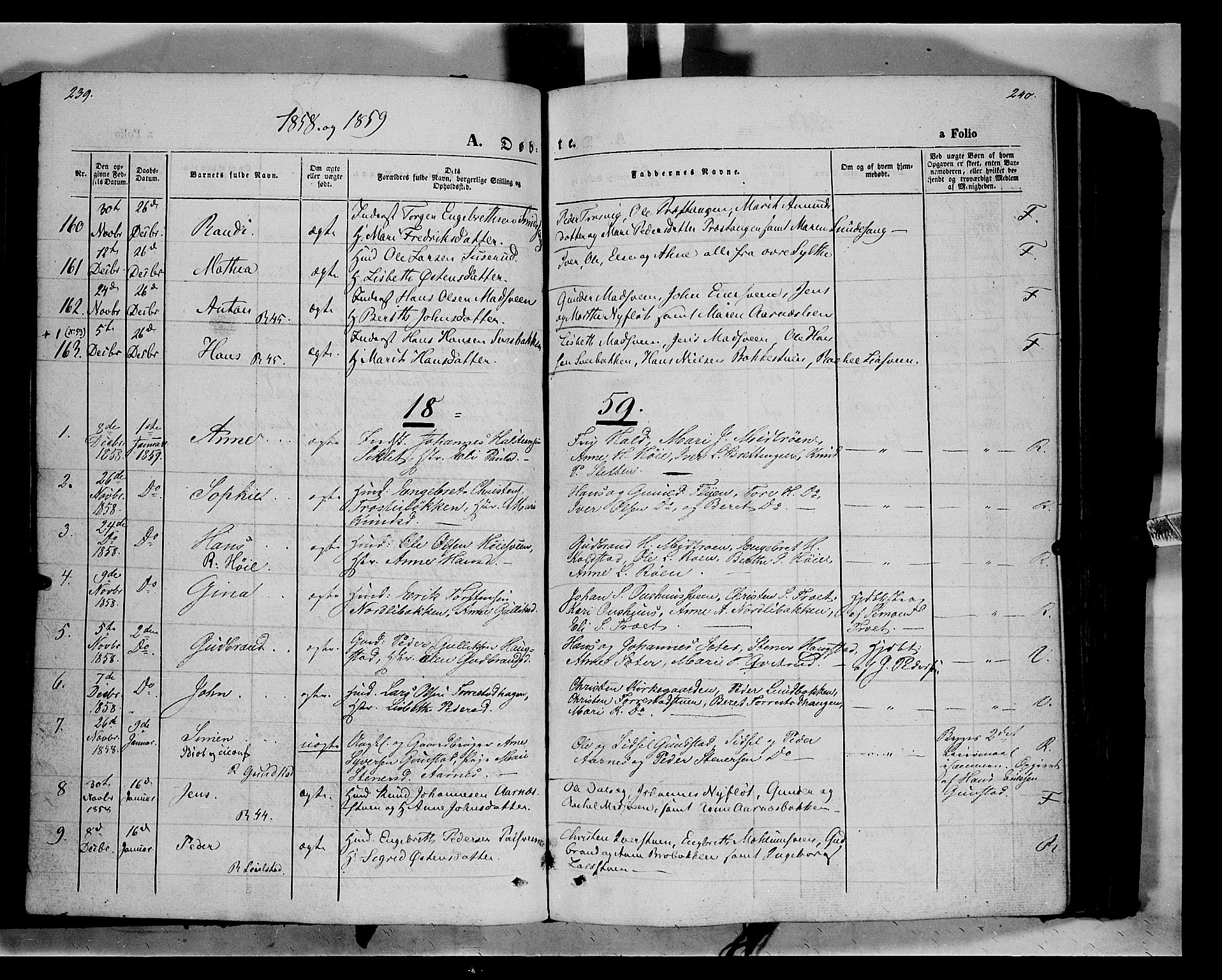 Ringebu prestekontor, SAH/PREST-082/H/Ha/Haa/L0006: Parish register (official) no. 6, 1848-1859, p. 239-240