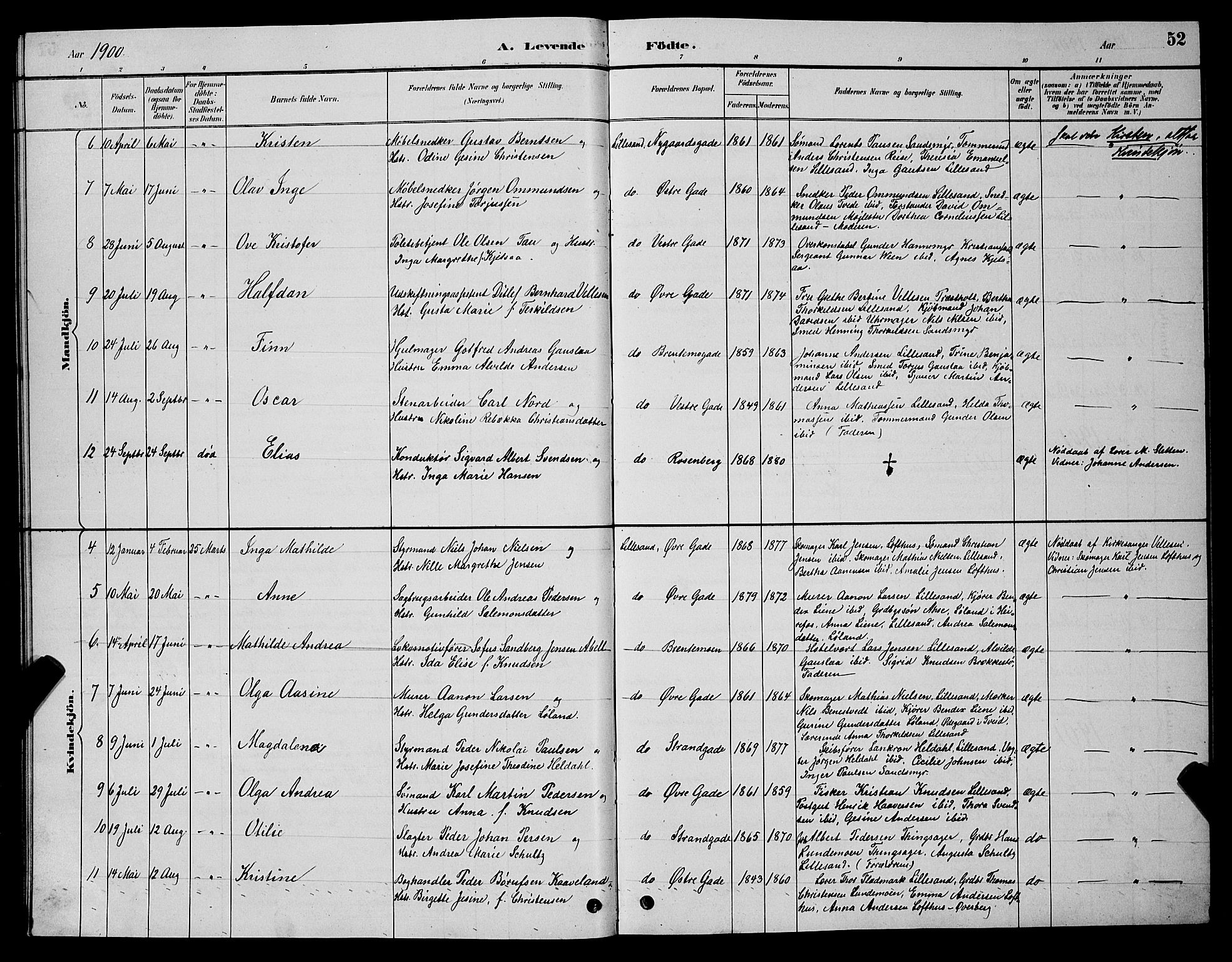 Vestre Moland sokneprestkontor, SAK/1111-0046/F/Fb/Fba/L0001: Parish register (copy) no. B 1, 1884-1903, p. 52