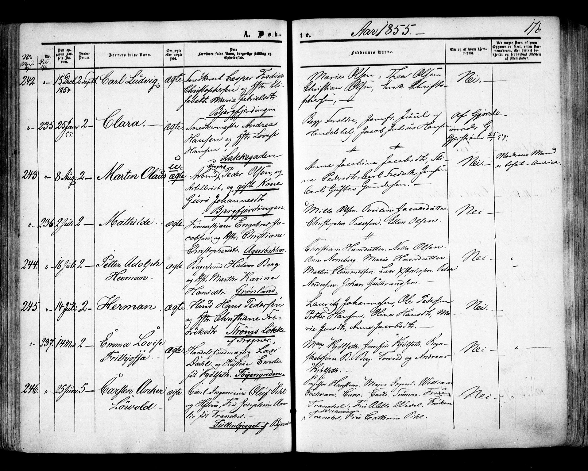 Aker prestekontor kirkebøker, SAO/A-10861/F/L0020: Parish register (official) no. 20, 1853-1857, p. 176