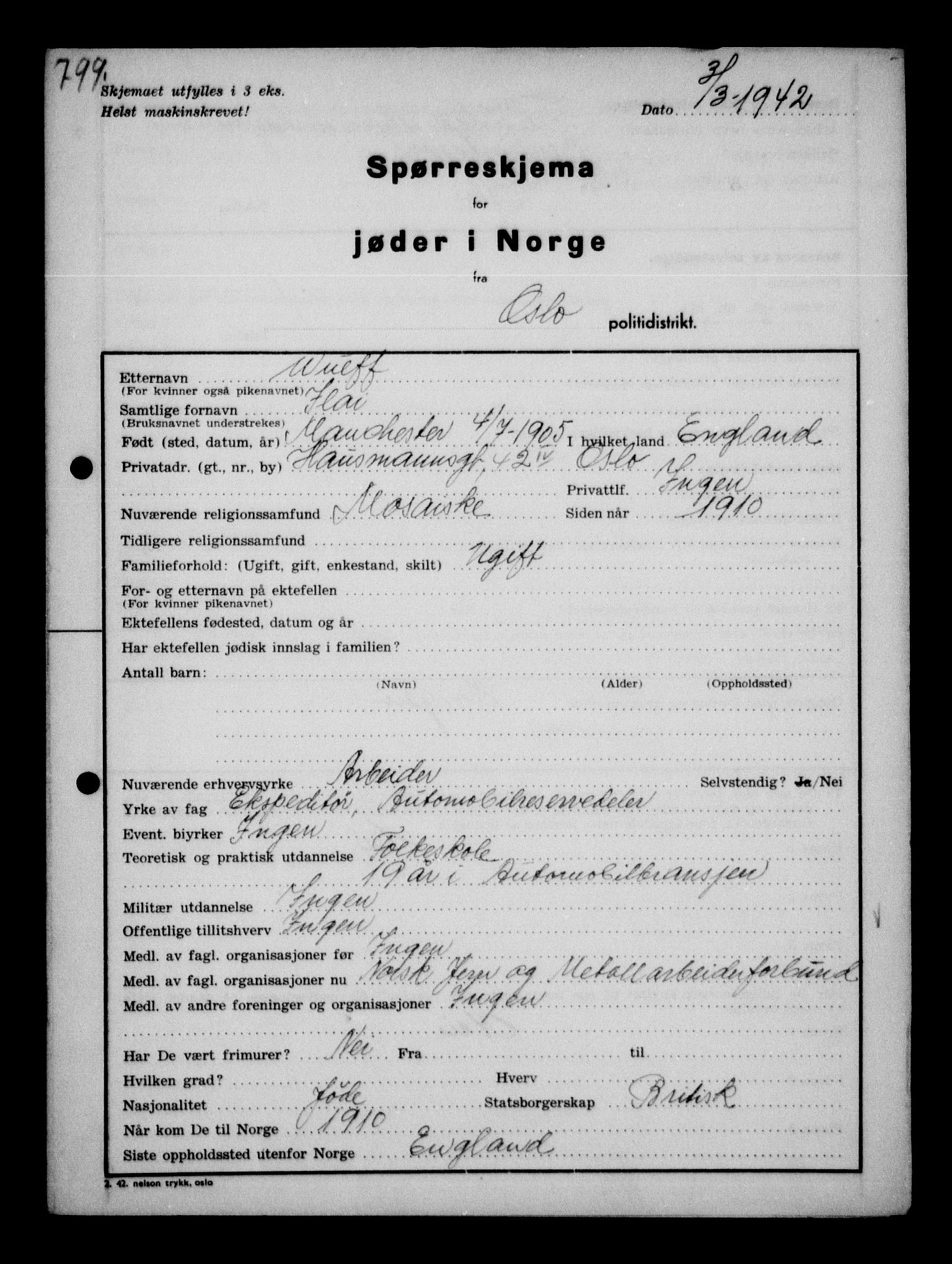 Statspolitiet - Hovedkontoret / Osloavdelingen, AV/RA-S-1329/G/Ga/L0011: Spørreskjema for jøder i Norge. 1: Oslo 610-806 (Plavnik-Zwillinger). 2: Aker 1-113 (Adler-Lewin). , 1942, p. 563