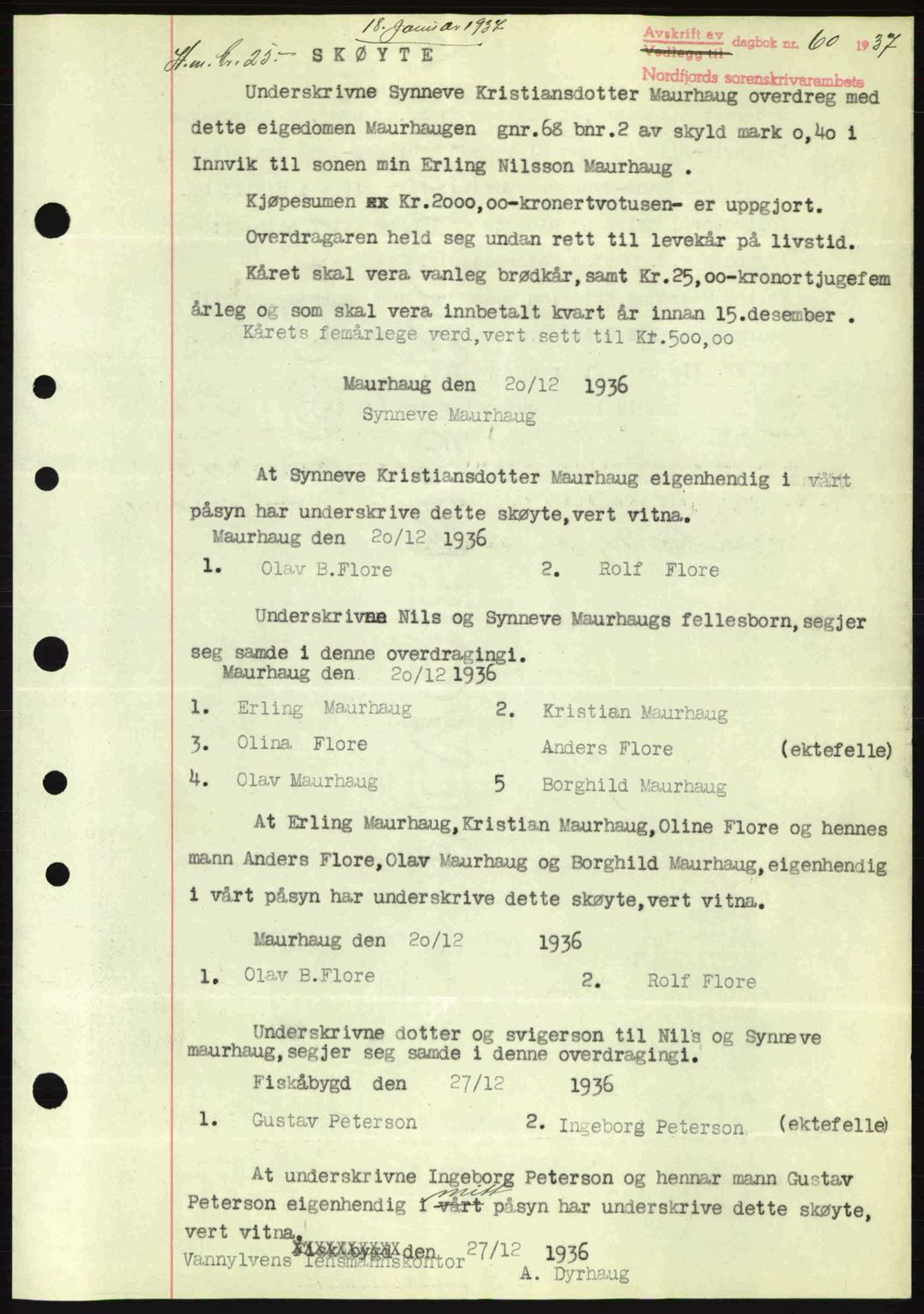 Nordfjord sorenskriveri, AV/SAB-A-2801/02/02b/02bj/L0001: Mortgage book no. A1, 1936-1937, Diary no: : 60/1937