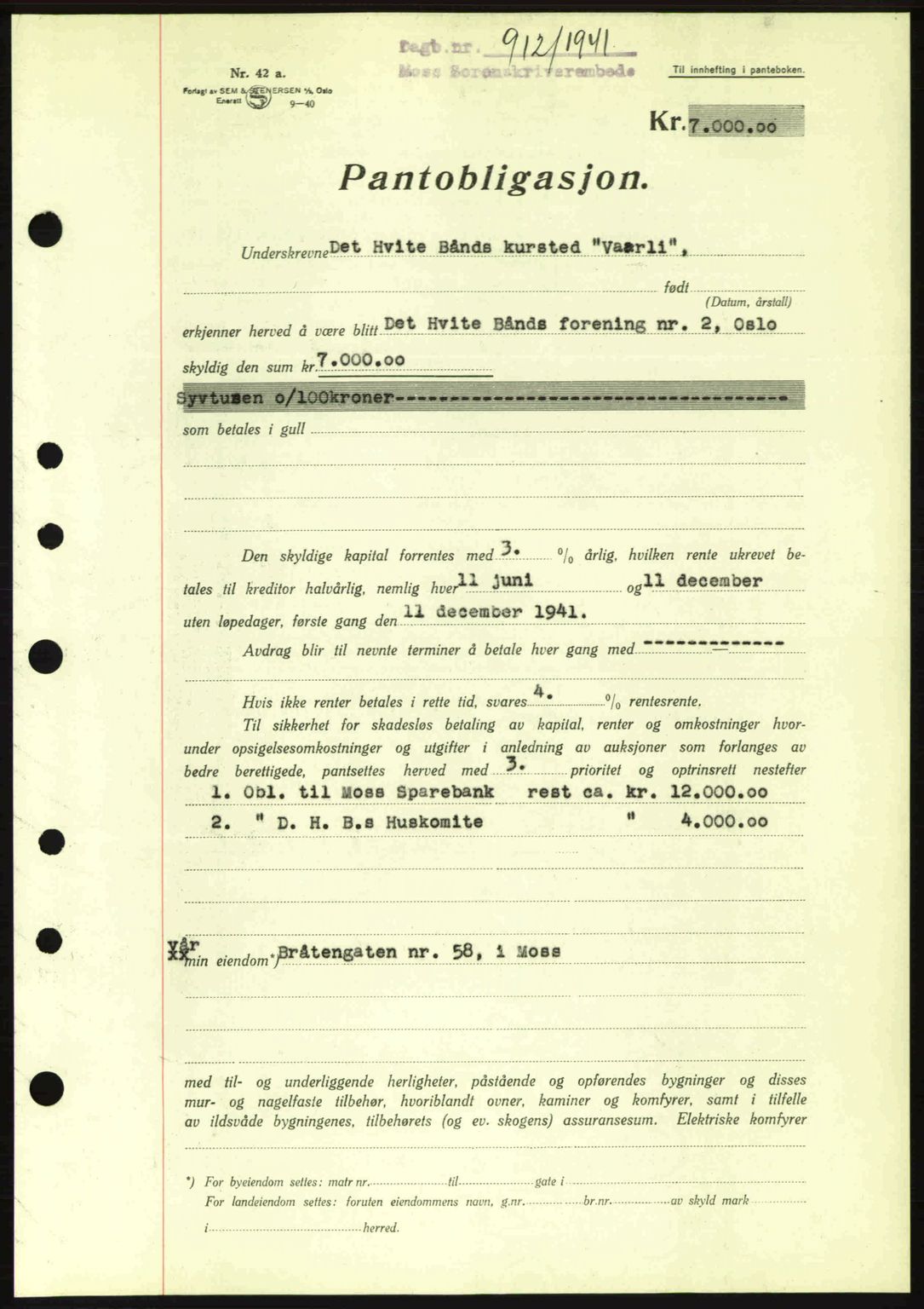 Moss sorenskriveri, SAO/A-10168: Mortgage book no. B10, 1940-1941, Diary no: : 912/1941