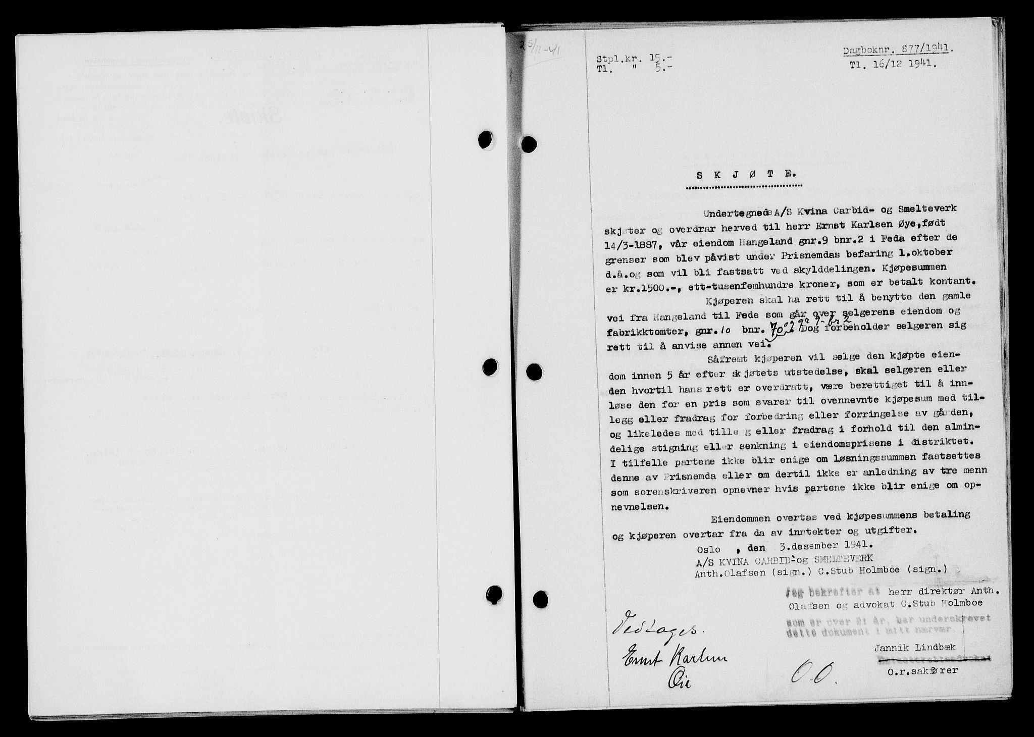 Flekkefjord sorenskriveri, SAK/1221-0001/G/Gb/Gba/L0057: Mortgage book no. A-5, 1941-1942, Diary no: : 877/1941