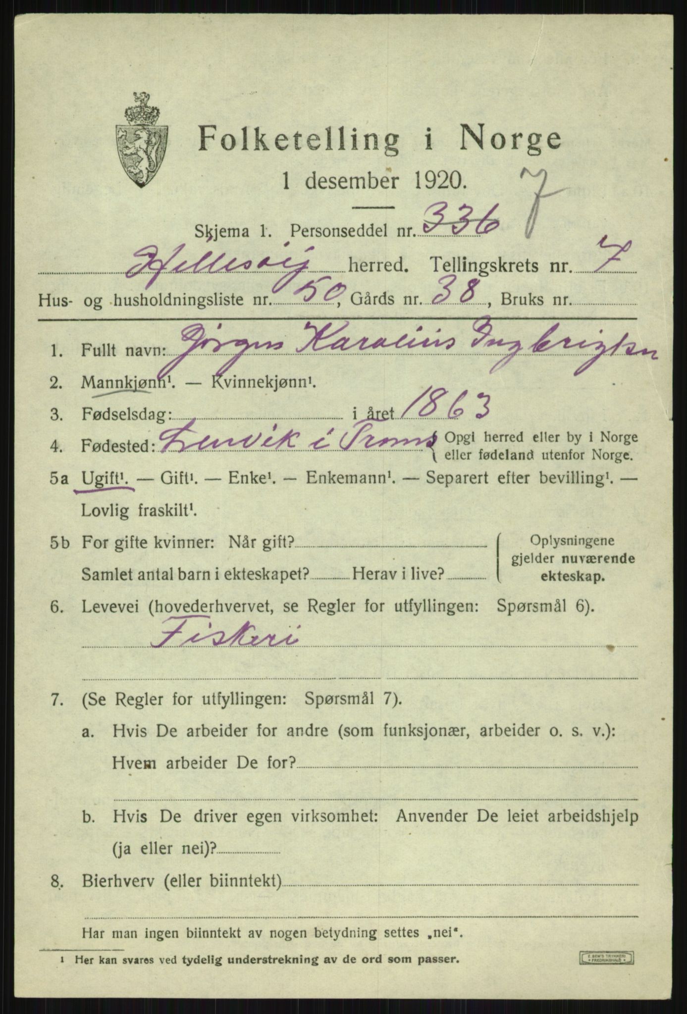 SATØ, 1920 census for Hillesøy, 1920, p. 3943