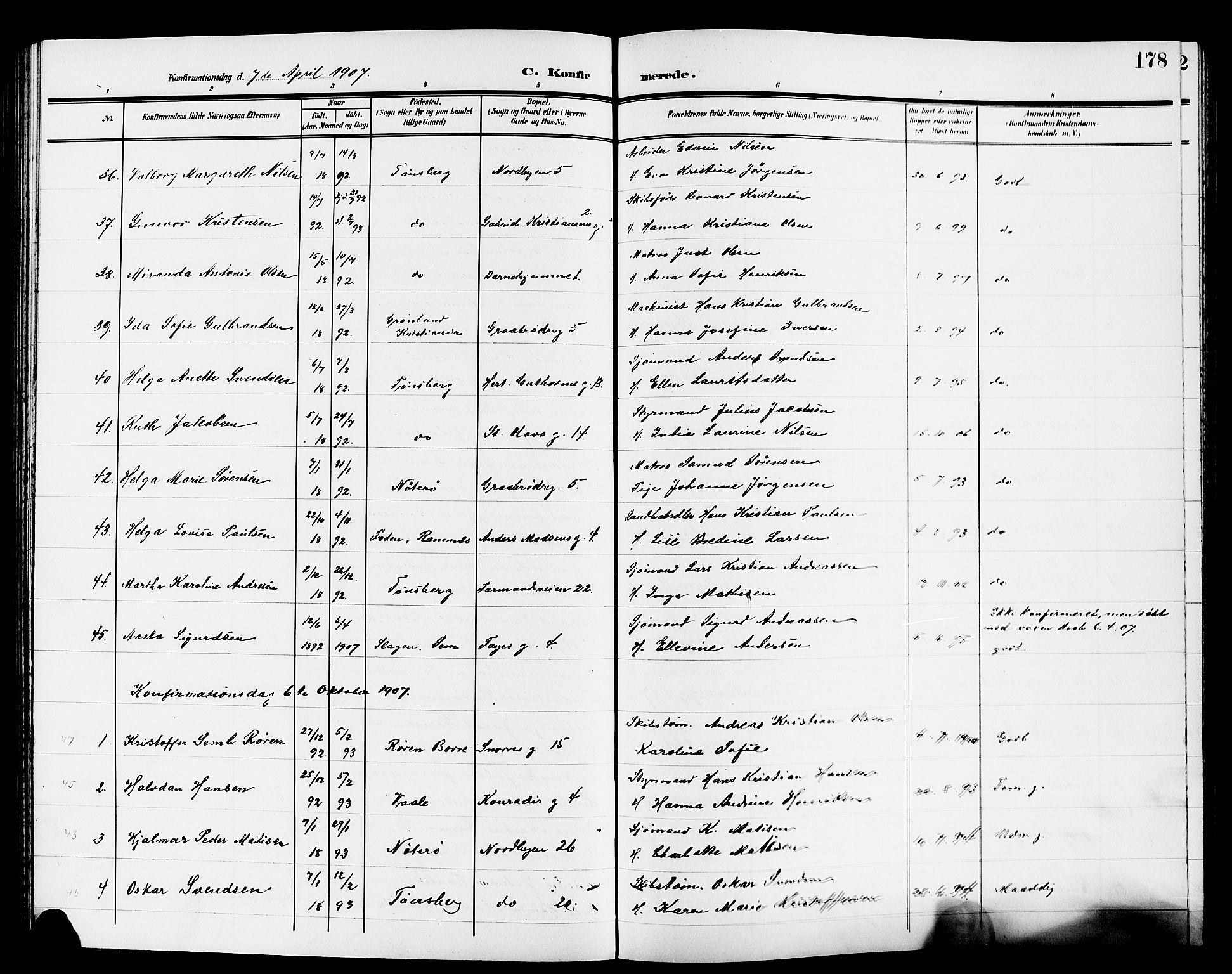 Tønsberg kirkebøker, AV/SAKO-A-330/G/Ga/L0008: Parish register (copy) no. 8, 1905-1912, p. 178