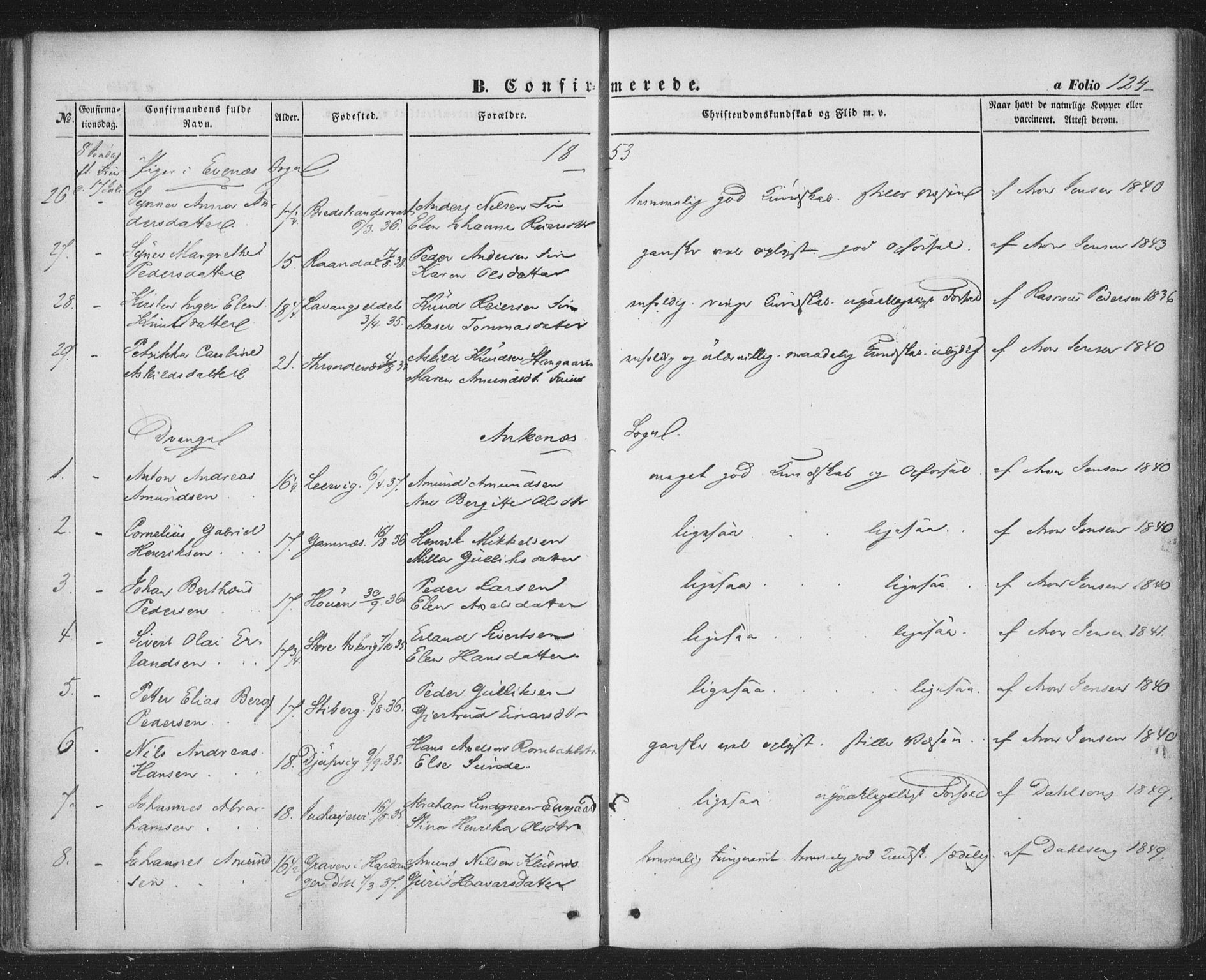 Ministerialprotokoller, klokkerbøker og fødselsregistre - Nordland, AV/SAT-A-1459/863/L0895: Parish register (official) no. 863A07, 1851-1860, p. 124