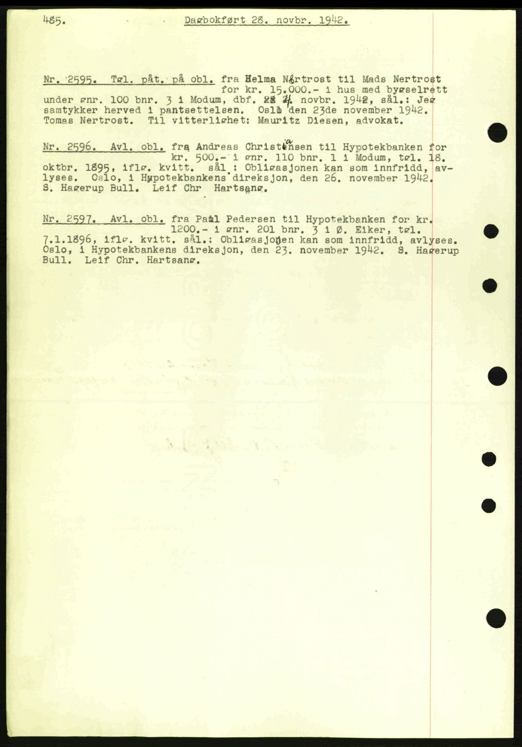Eiker, Modum og Sigdal sorenskriveri, SAKO/A-123/G/Ga/Gab/L0047: Mortgage book no. A17, 1942-1943, Diary no: : 2595/1942