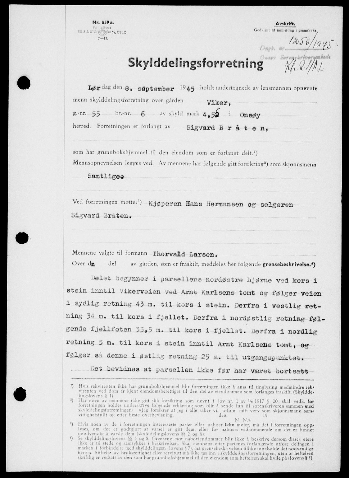 Onsøy sorenskriveri, SAO/A-10474/G/Ga/Gab/L0015: Mortgage book no. II A-15, 1945-1946, Diary no: : 1256/1945