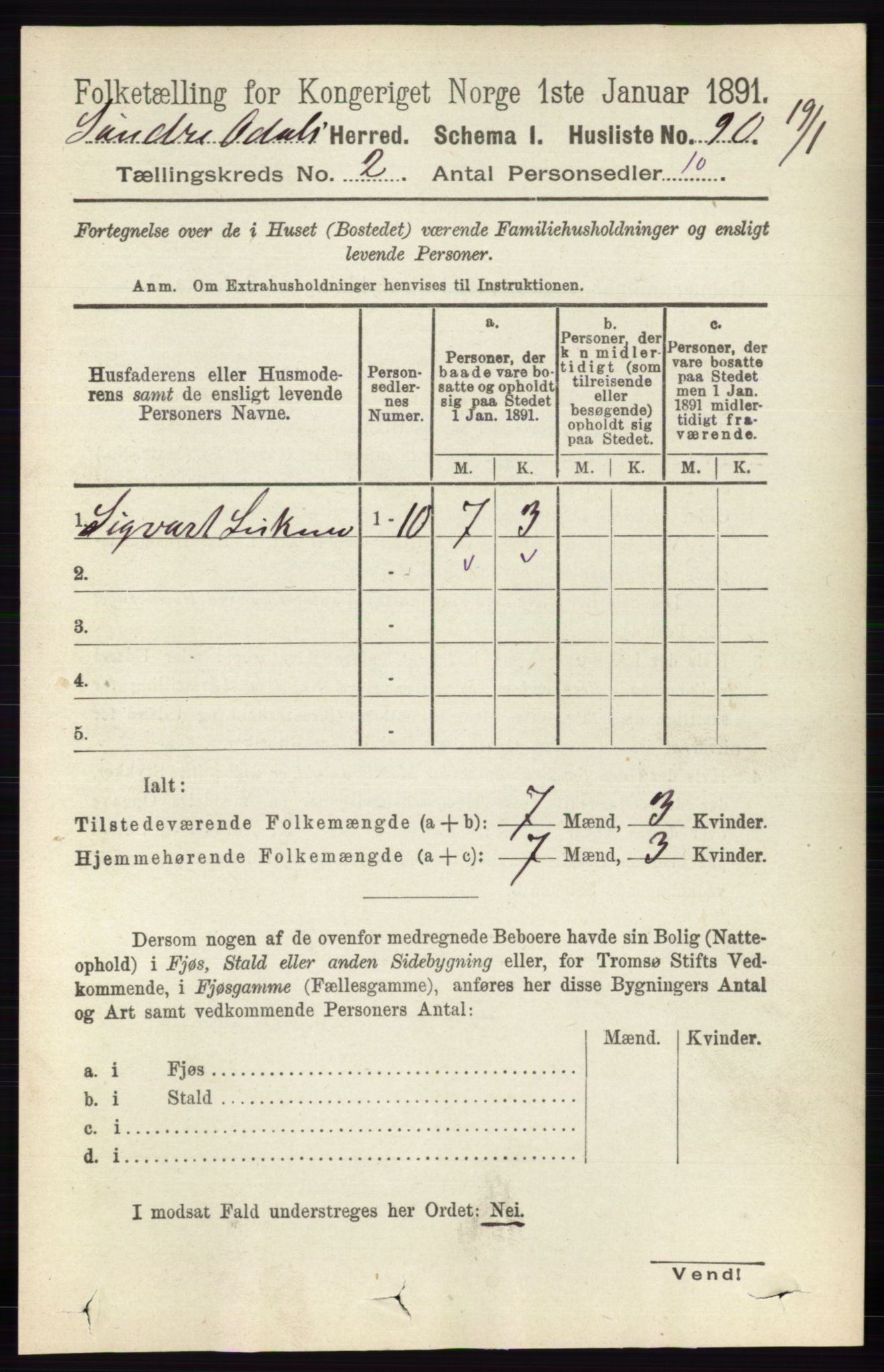 RA, 1891 census for 0419 Sør-Odal, 1891, p. 441