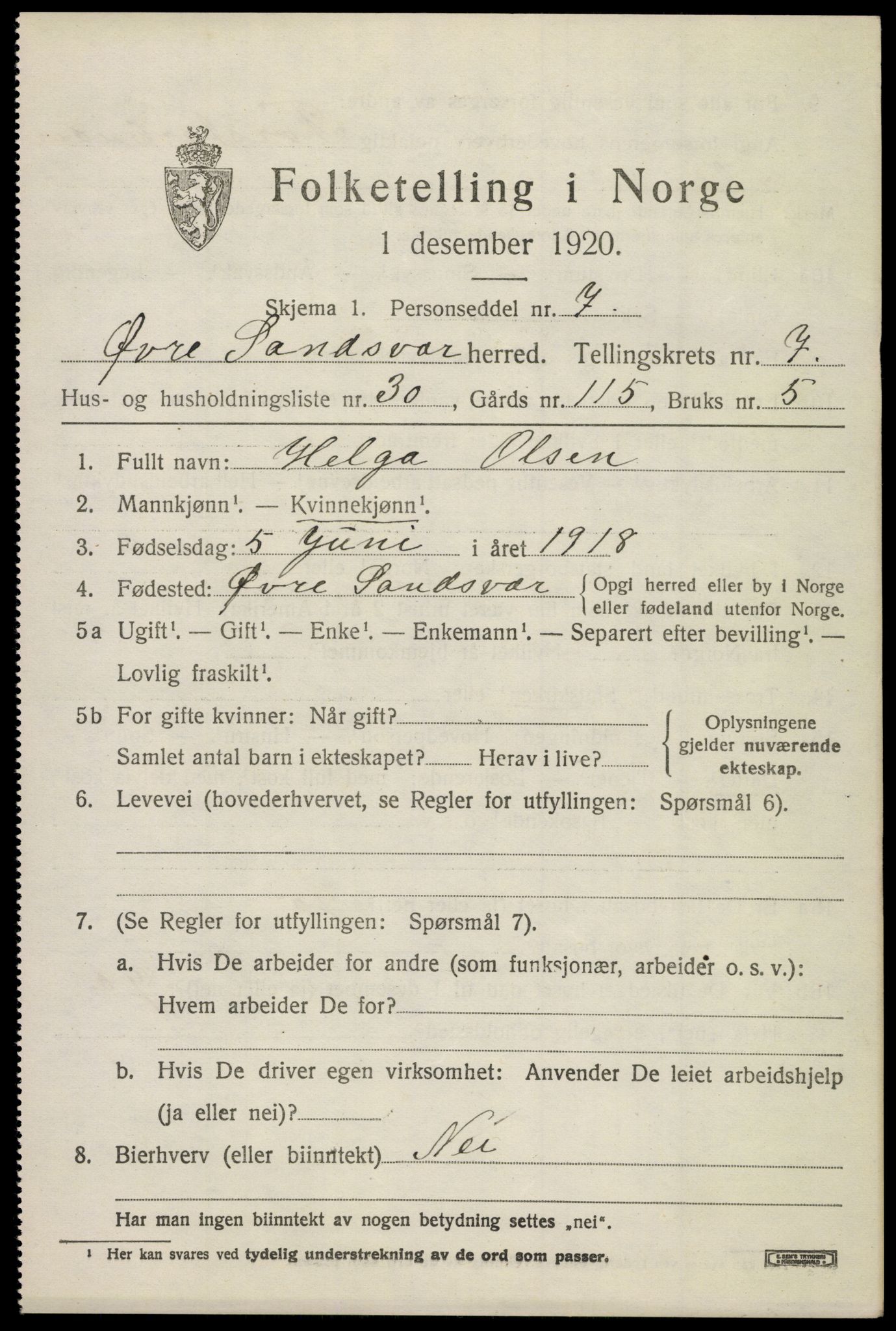 SAKO, 1920 census for Øvre Sandsvær, 1920, p. 4124