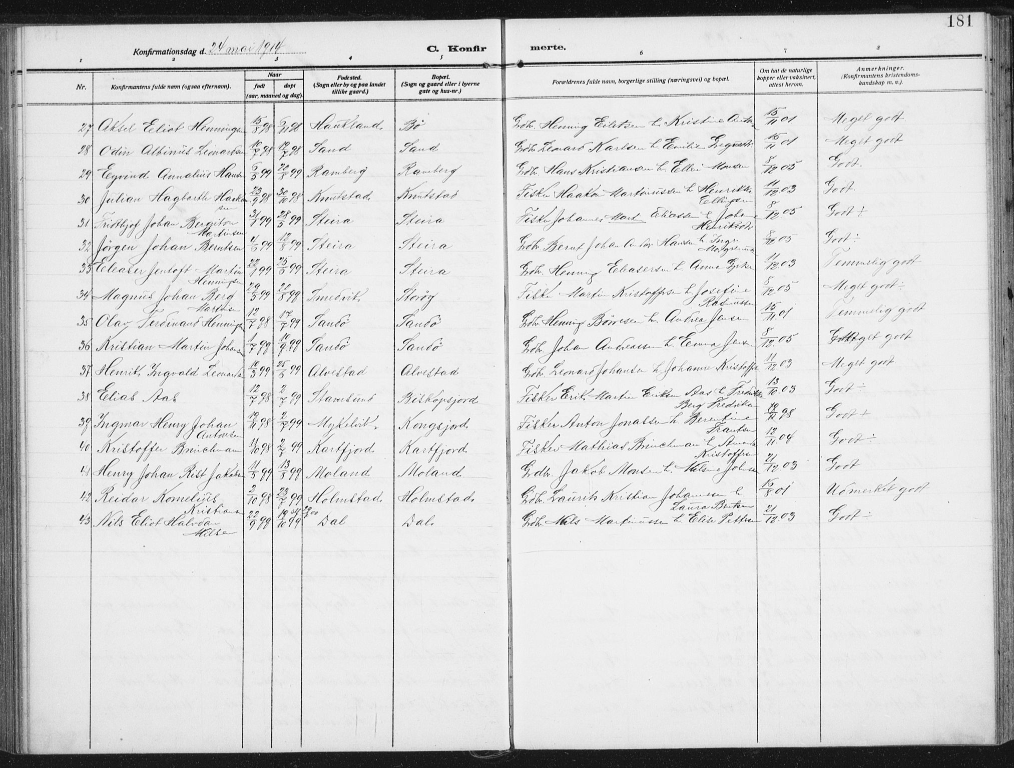 Ministerialprotokoller, klokkerbøker og fødselsregistre - Nordland, SAT/A-1459/880/L1135: Parish register (official) no. 880A09, 1908-1919, p. 181