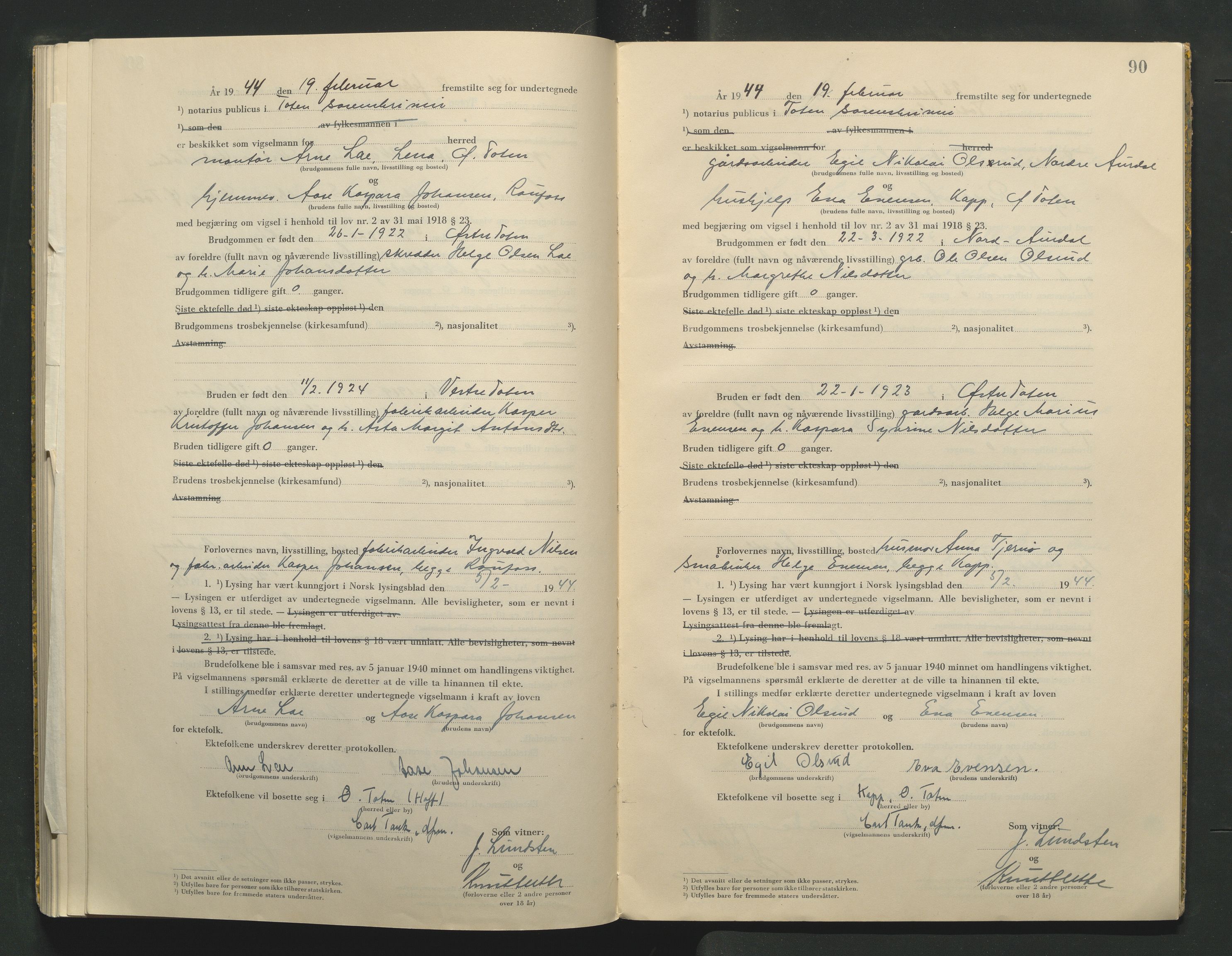 Toten tingrett, AV/SAH-TING-006/L/Lc/L0003: Vigselbok, 1943-1944, p. 90