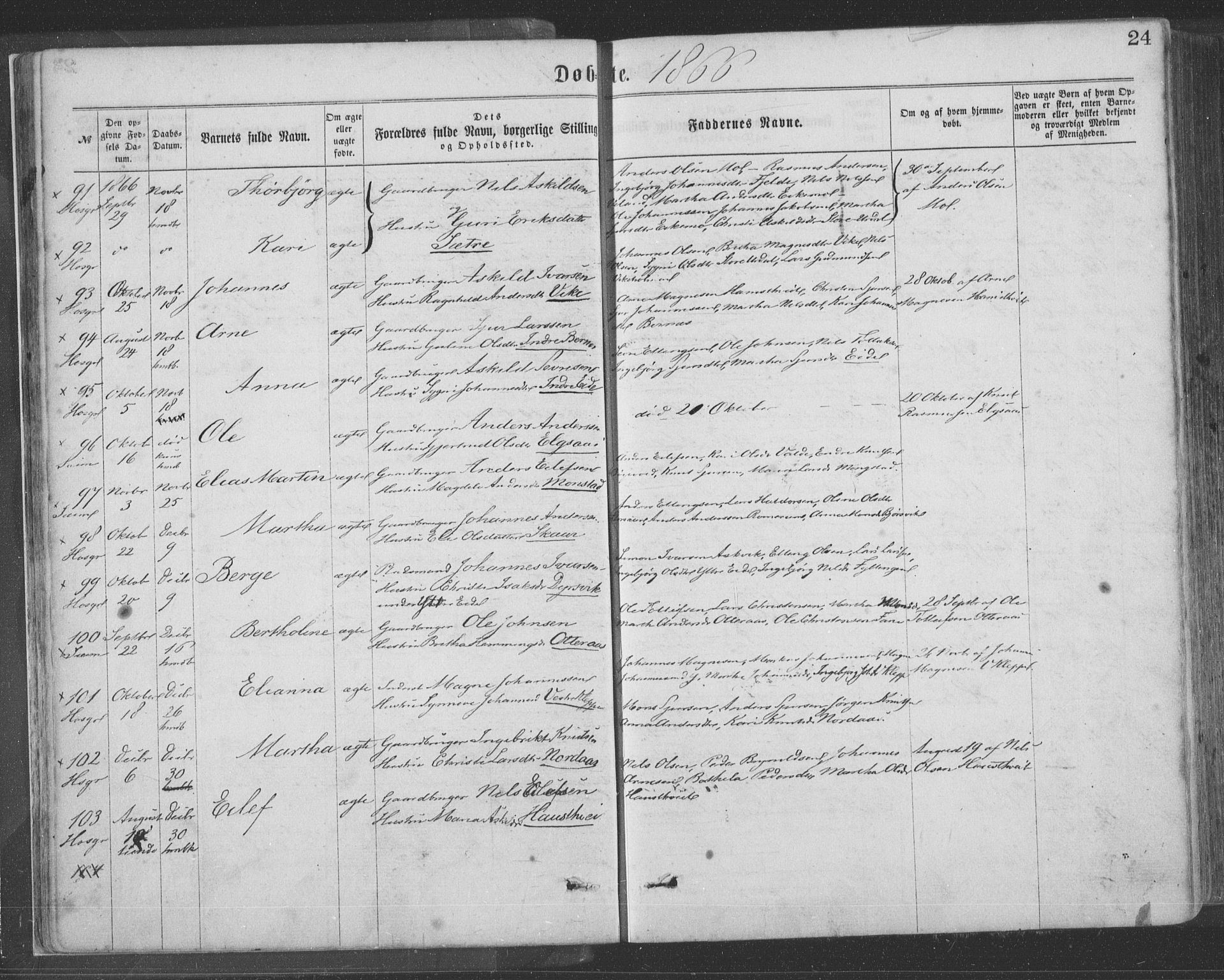 Hosanger sokneprestembete, AV/SAB-A-75801/H/Haa: Parish register (official) no. A 9, 1864-1876, p. 24