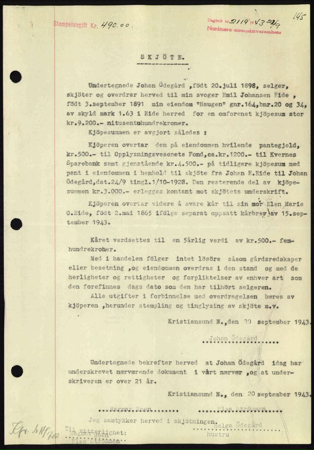 Nordmøre sorenskriveri, SAT/A-4132/1/2/2Ca: Mortgage book no. A96, 1943-1944, Diary no: : 2119/1943