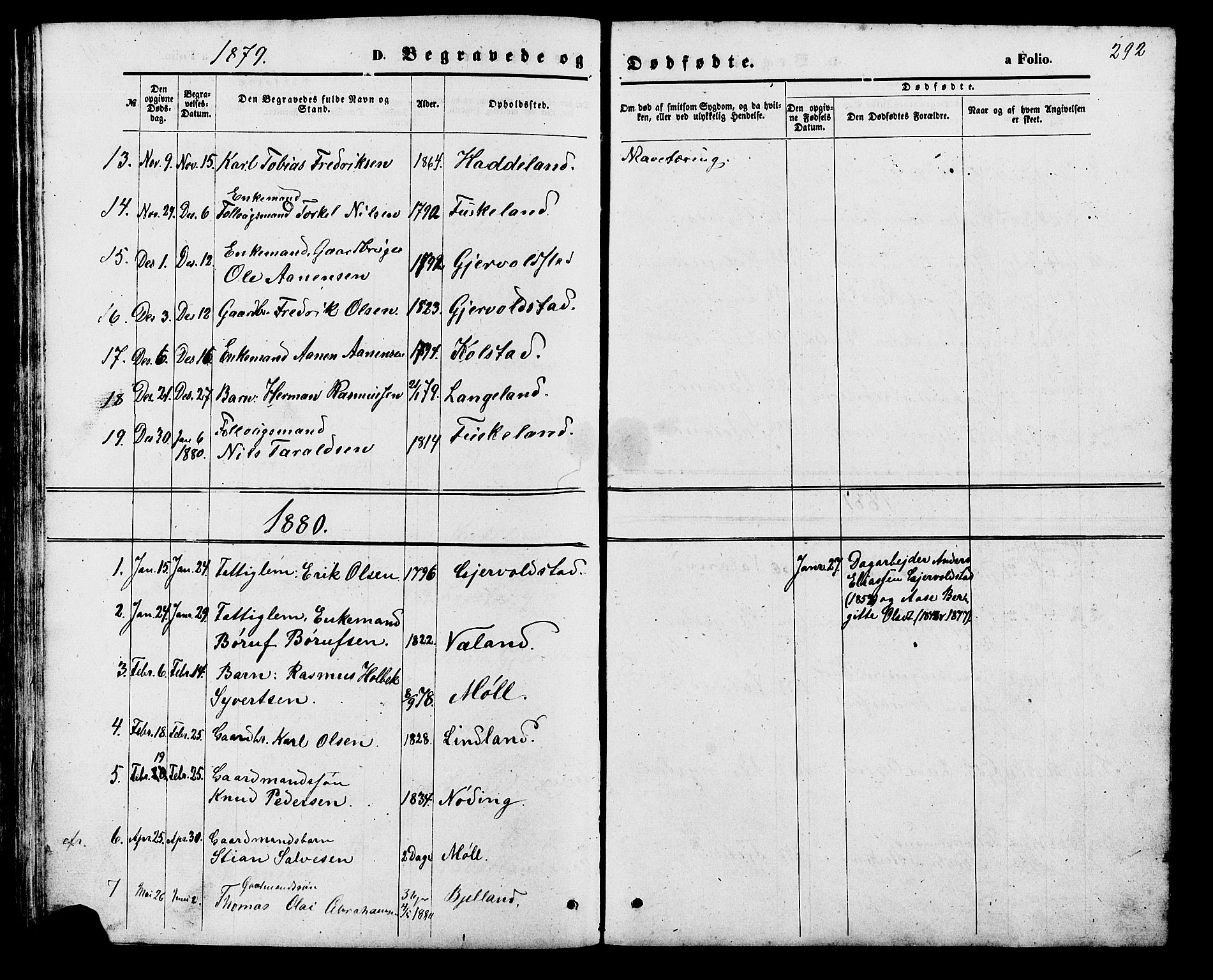 Holum sokneprestkontor, SAK/1111-0022/F/Fb/Fba/L0004: Parish register (copy) no. B 4, 1867-1890, p. 292
