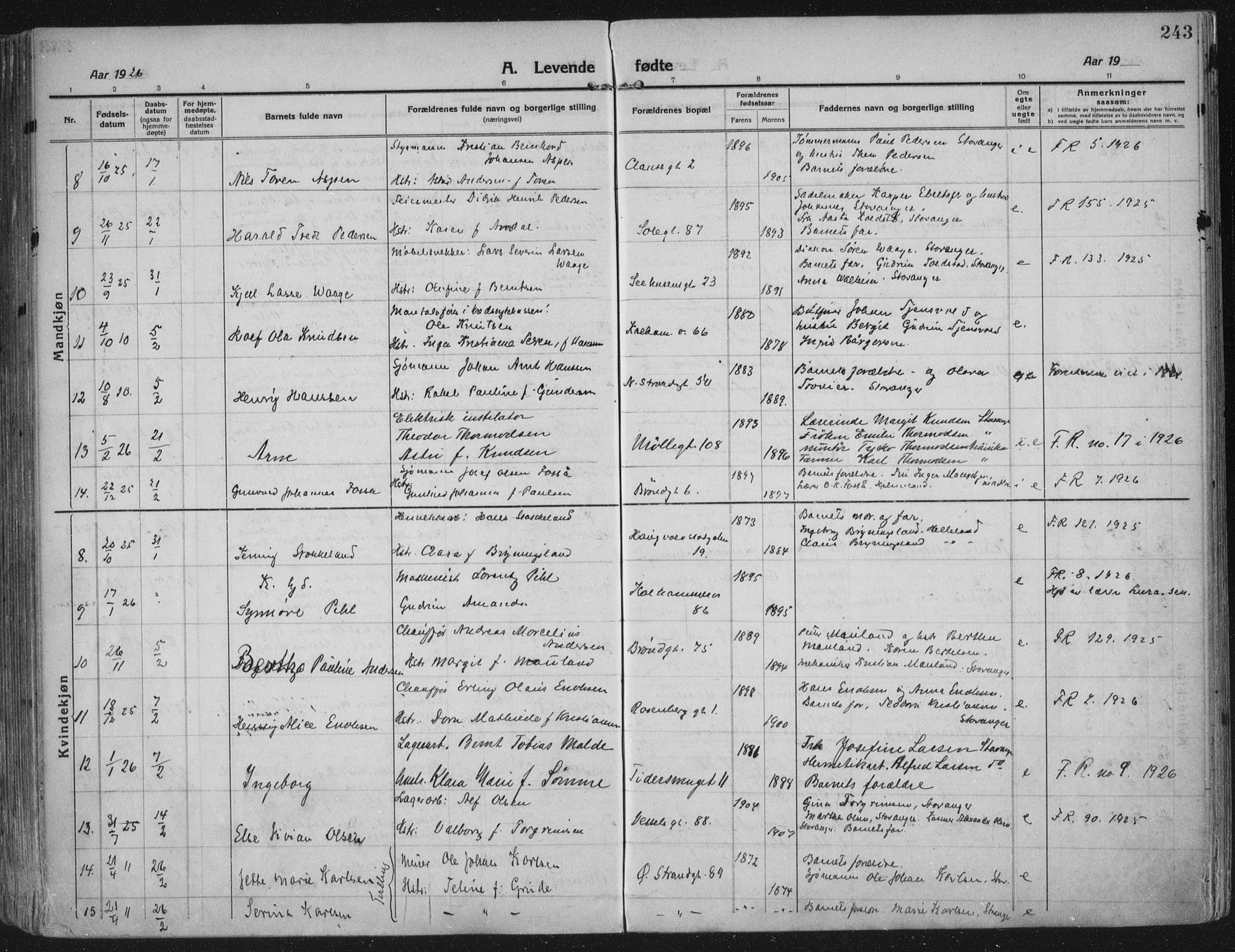 Domkirken sokneprestkontor, AV/SAST-A-101812/002/A/L0018: Parish register (official) no. A 34, 1915-1929, p. 243