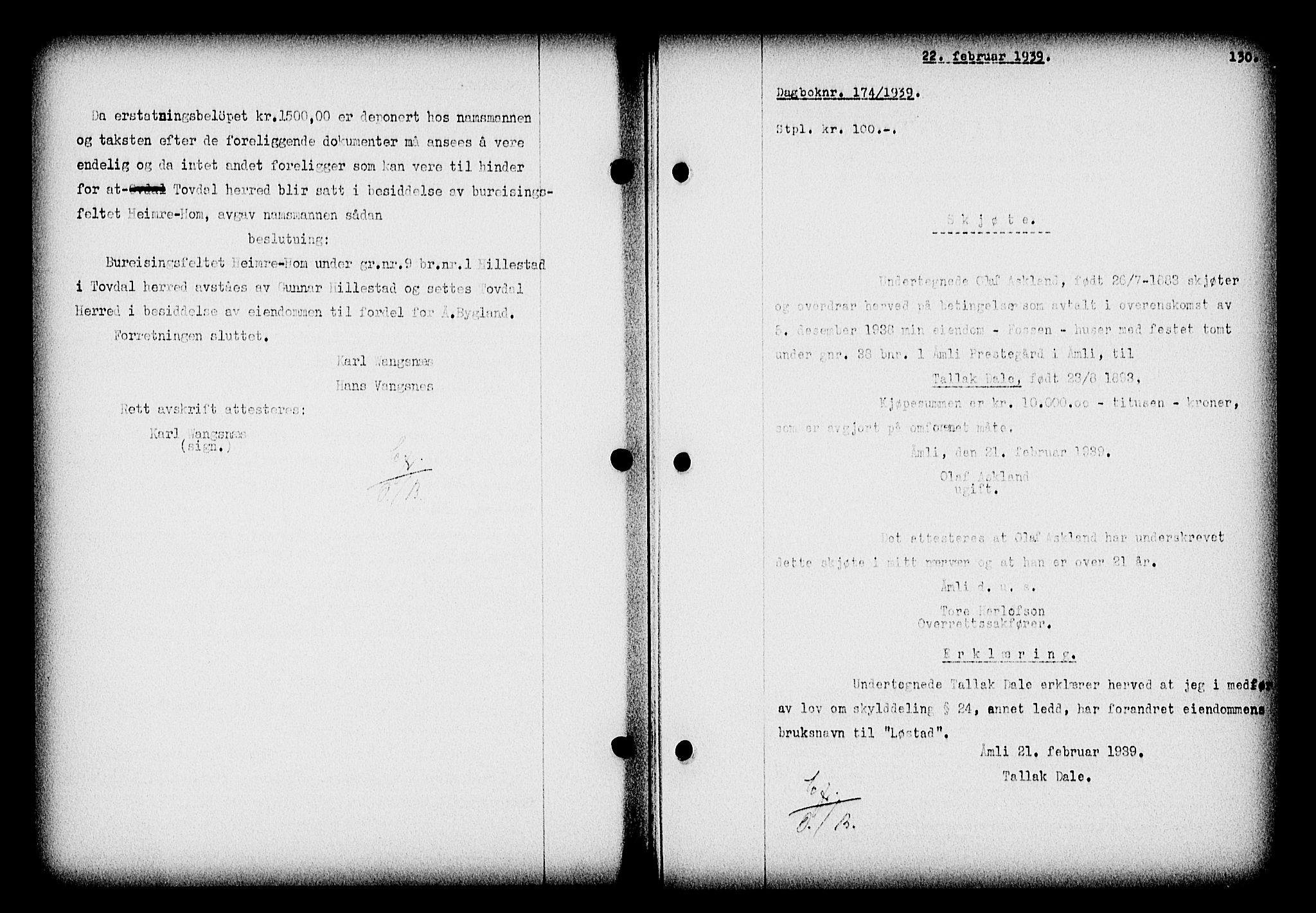 Nedenes sorenskriveri, SAK/1221-0006/G/Gb/Gba/L0046: Mortgage book no. 42, 1938-1939, Diary no: : 174/1939