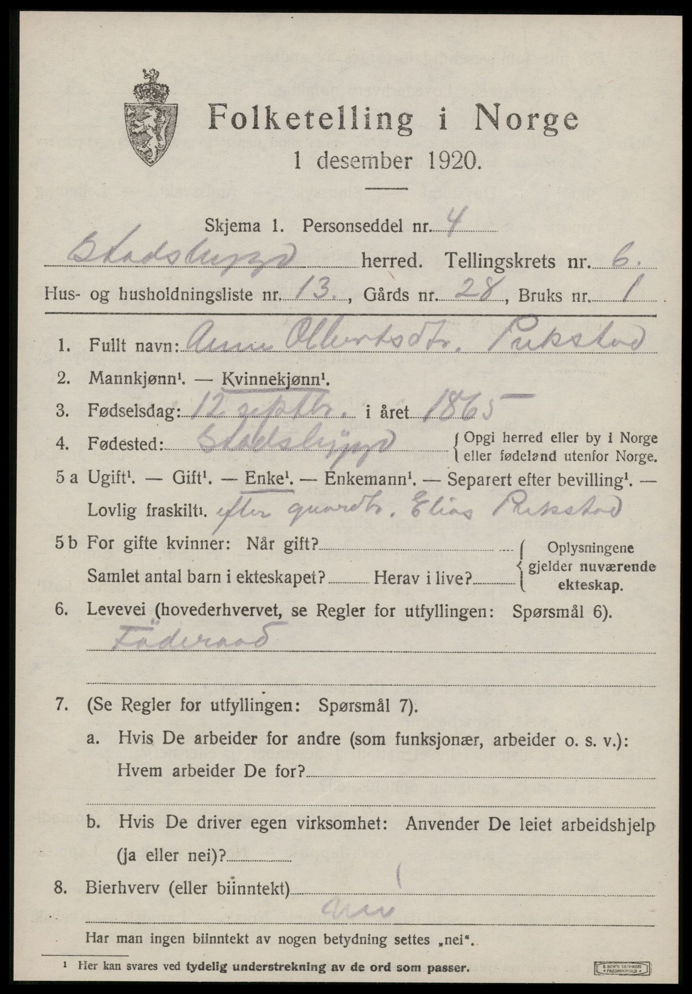 SAT, 1920 census for Stadsbygd, 1920, p. 3238