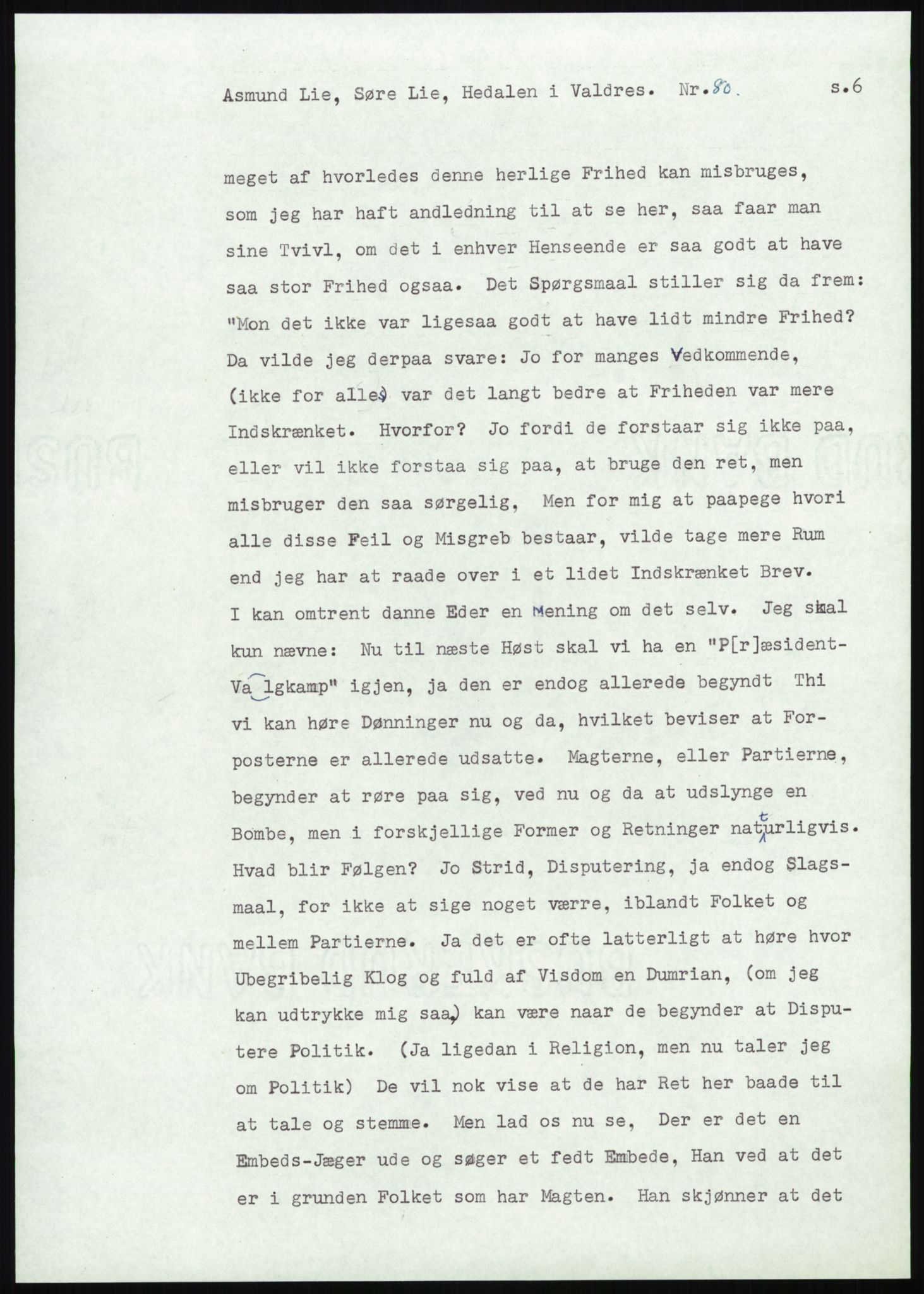 Samlinger til kildeutgivelse, Amerikabrevene, AV/RA-EA-4057/F/L0013: Innlån fra Oppland: Lie (brevnr 79-115) - Nordrum, 1838-1914, p. 25